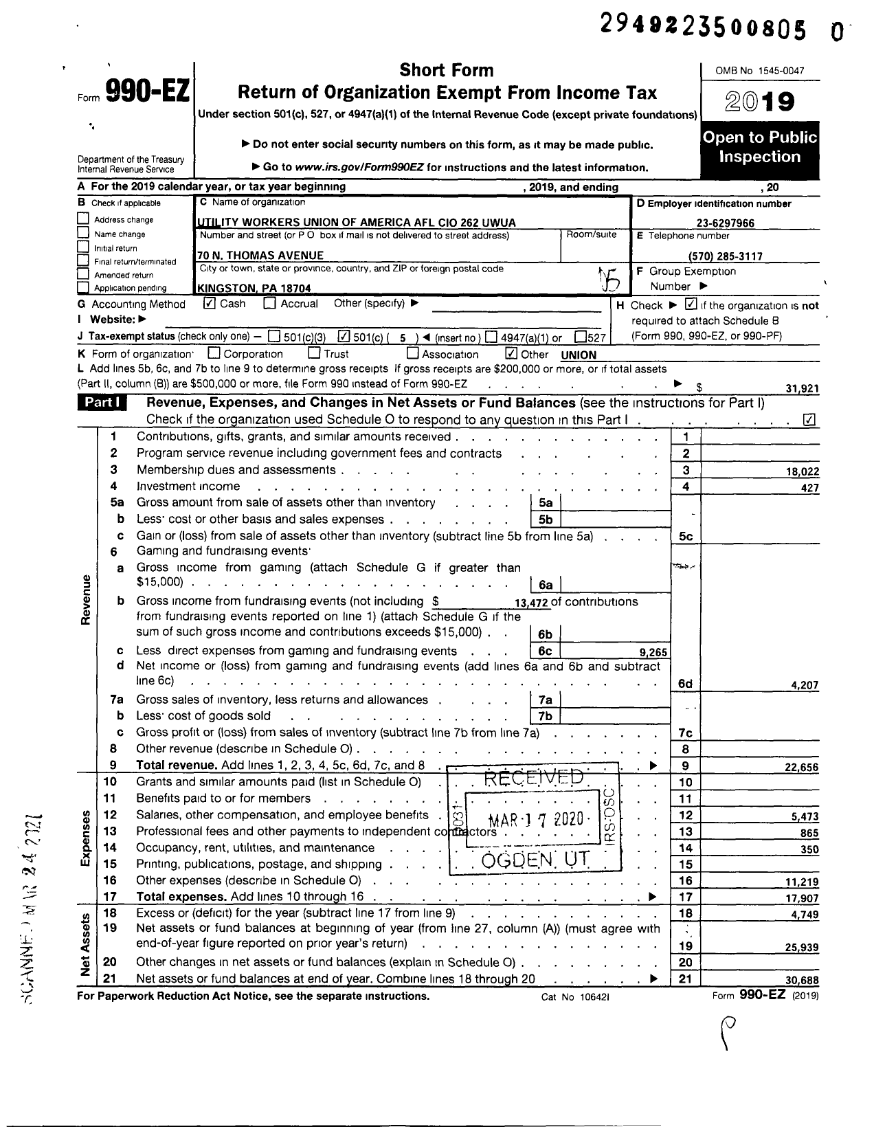 Image of first page of 2019 Form 990EO for Utility Workers Union of America - 262 Uwua