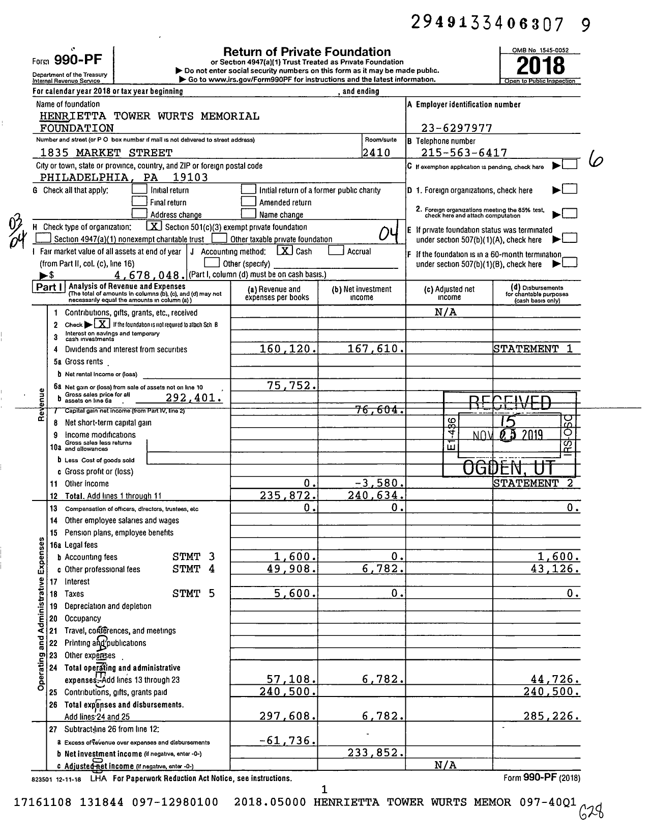 Image of first page of 2018 Form 990PF for Henrietta Tower Wurts Memorial Foundation