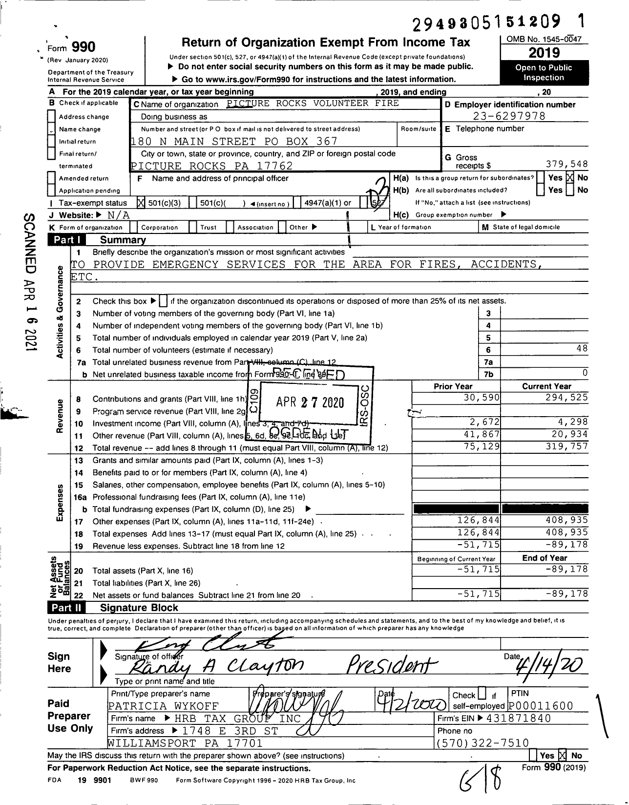 Image of first page of 2019 Form 990 for Pictures Rocks Volunteer Fire