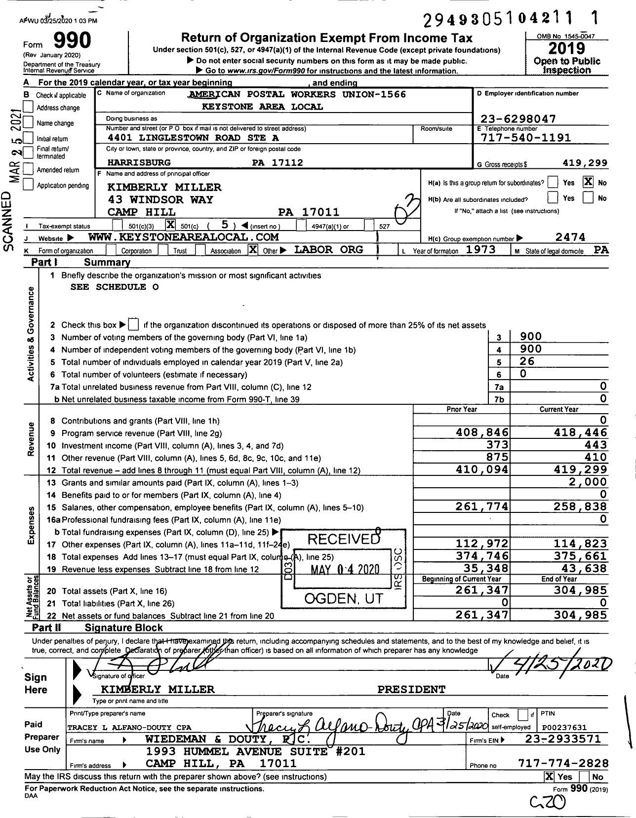 Image of first page of 2019 Form 990 for American Postal Workers Union - 1566 Keystone Area Local