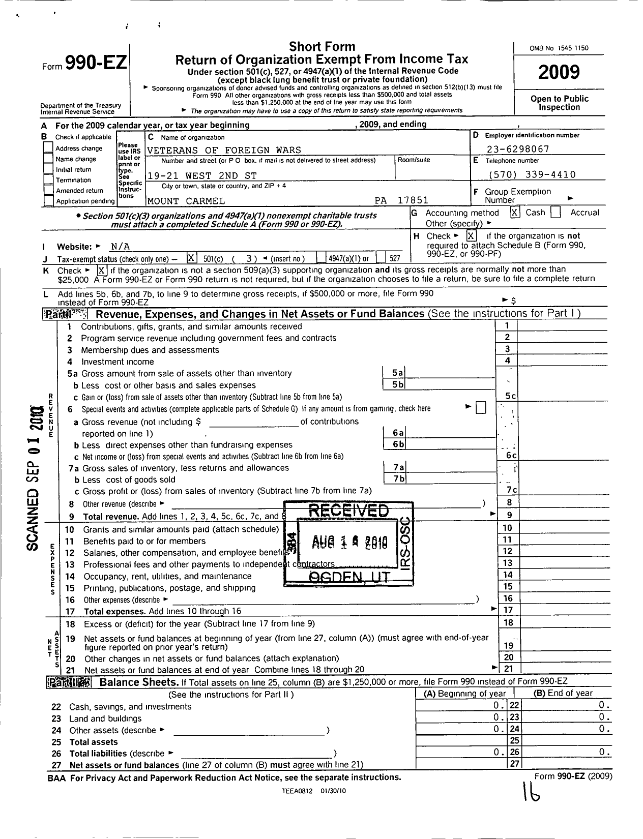 Image of first page of 2009 Form 990EZ for VFW Department of Pennsylvania - 2110 Vfw-Penn