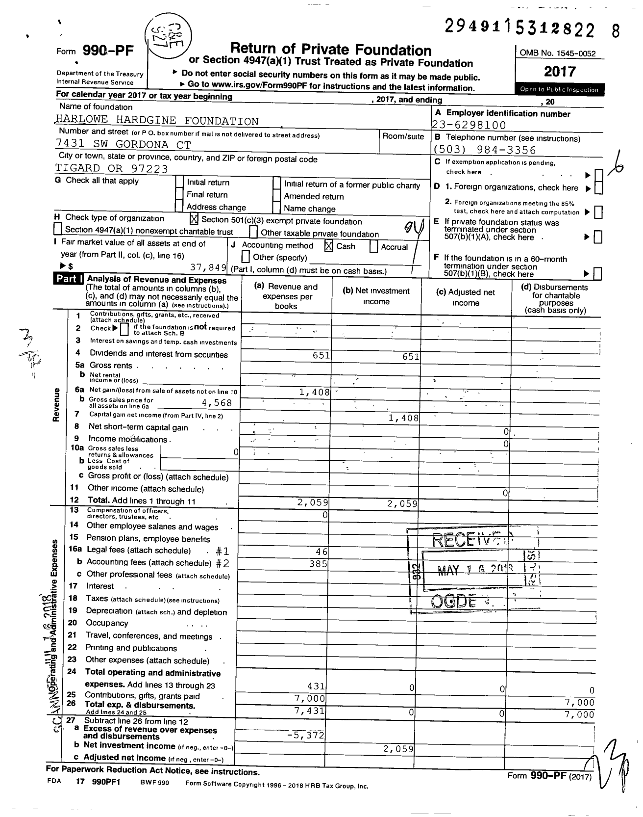 Image of first page of 2017 Form 990PF for Harlowe Hardinge Foundation