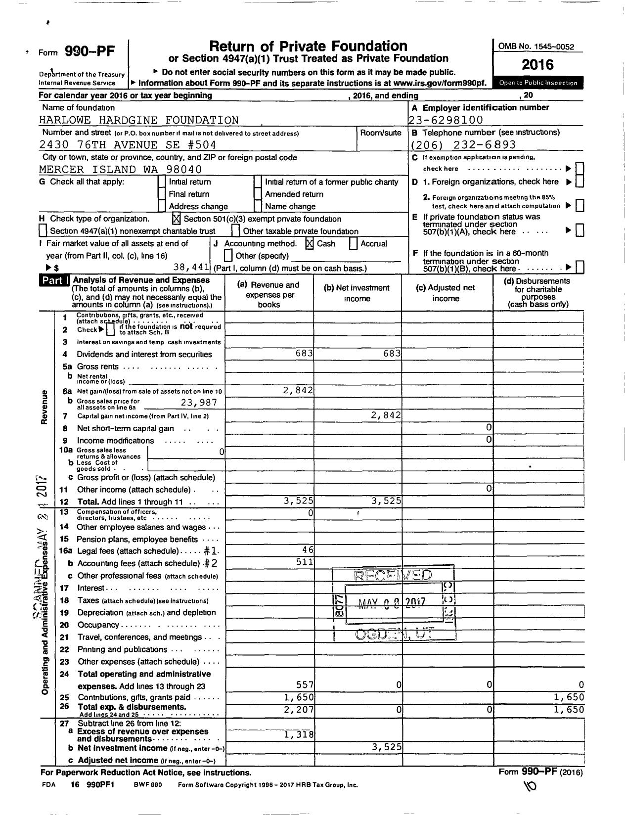 Image of first page of 2016 Form 990PF for Harlowe Hardinge Foundation