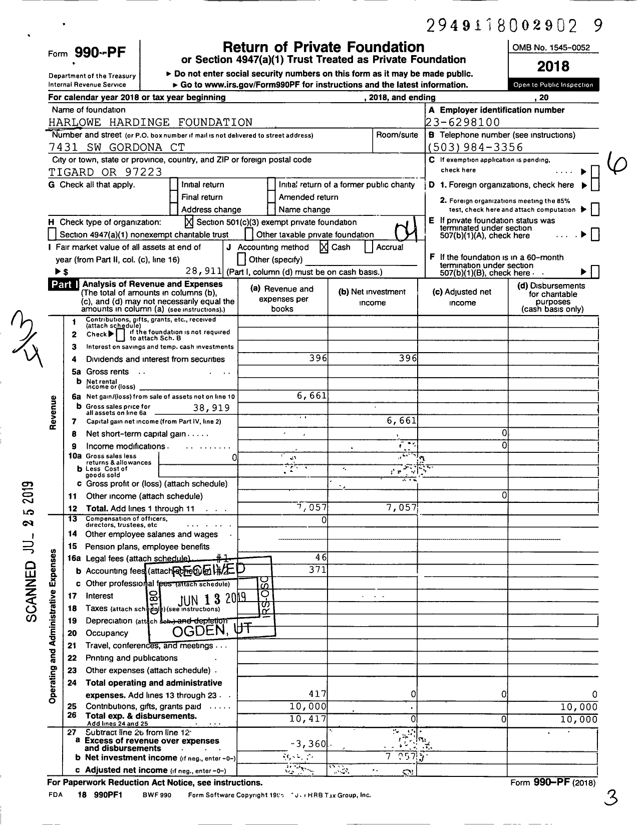 Image of first page of 2018 Form 990PF for Harlowe Hardinge Foundation