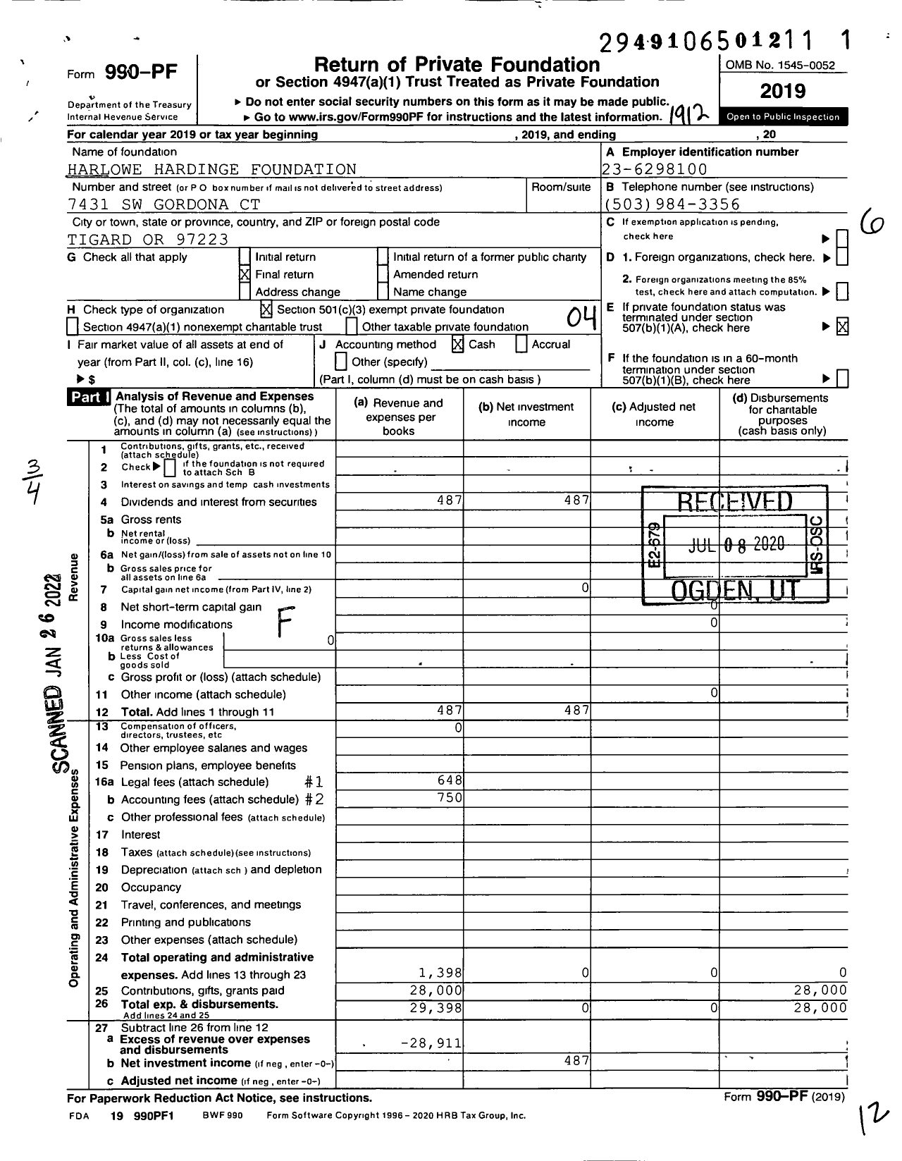 Image of first page of 2019 Form 990PF for Harlowe Hardinge Foundation