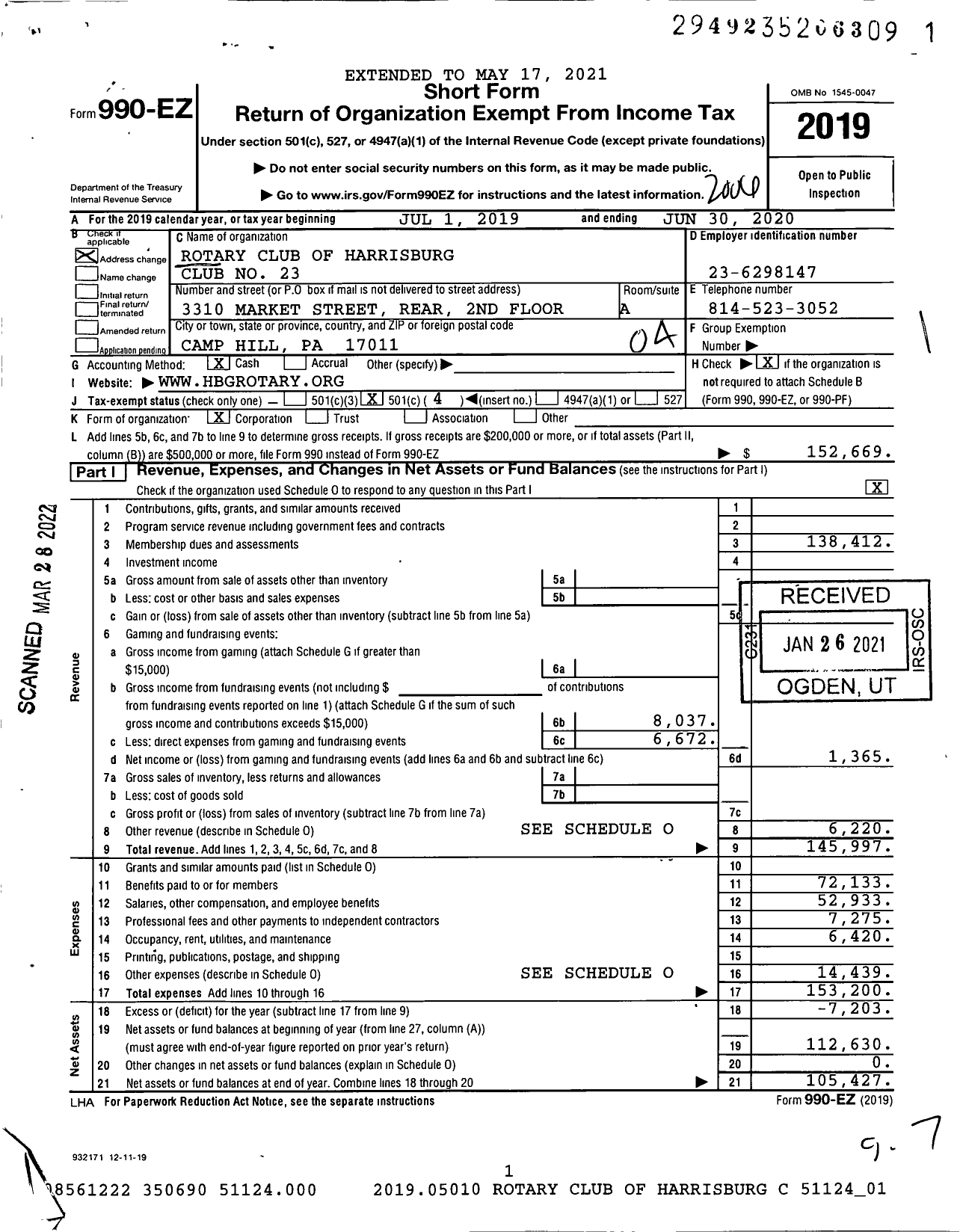 Image of first page of 2019 Form 990EO for Rotary International - Harrisburg Rotary Club