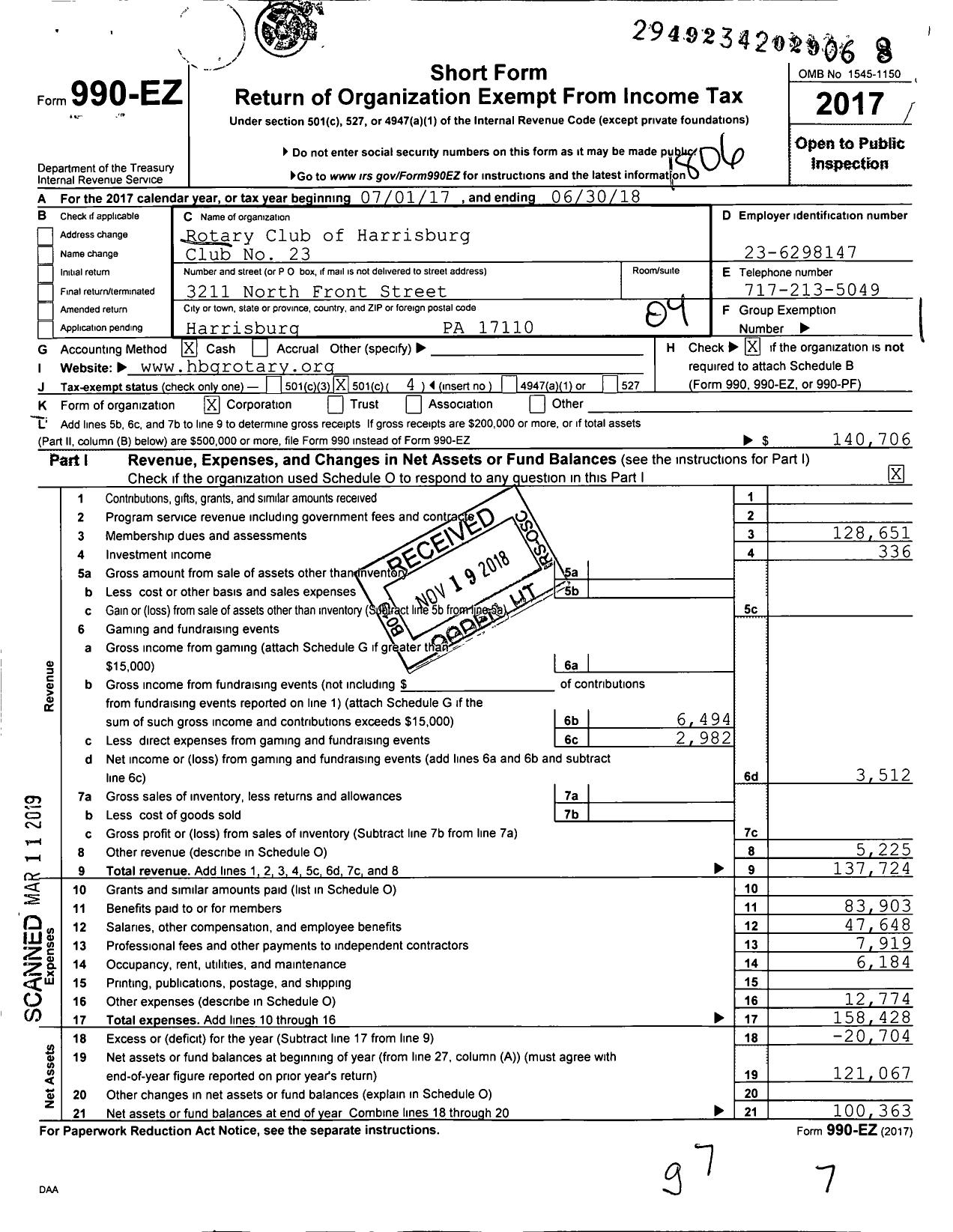 Image of first page of 2017 Form 990EO for Rotary International - Harrisburg Rotary Club