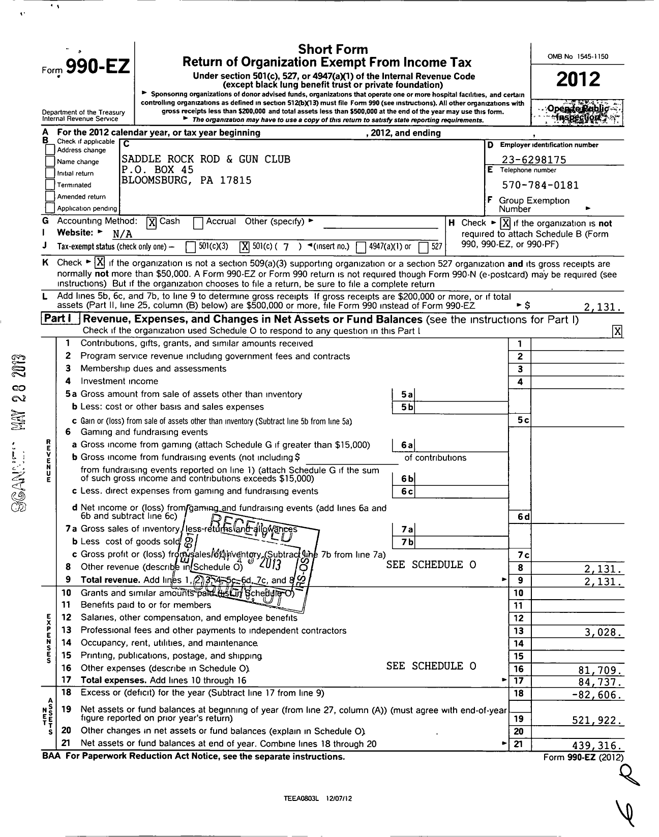 Image of first page of 2012 Form 990EO for Saddle Rock Rod and Gun Club