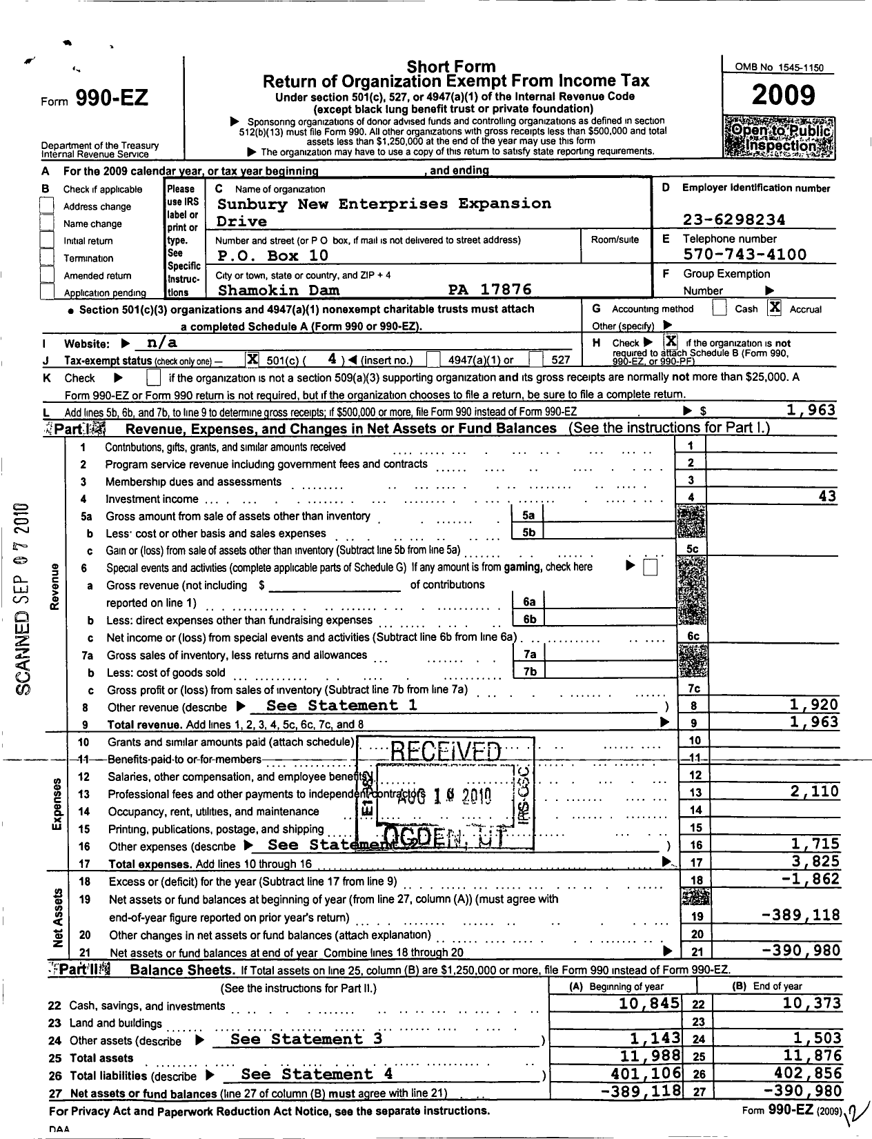 Image of first page of 2009 Form 990EO for Sunbury New Enterprises Expansion Drive