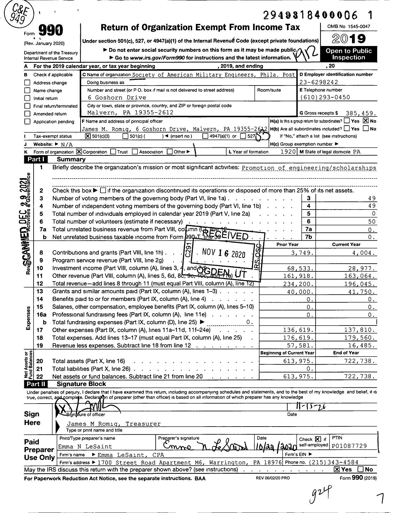 Image of first page of 2019 Form 990 for Society of American Military Engineers Phila Post