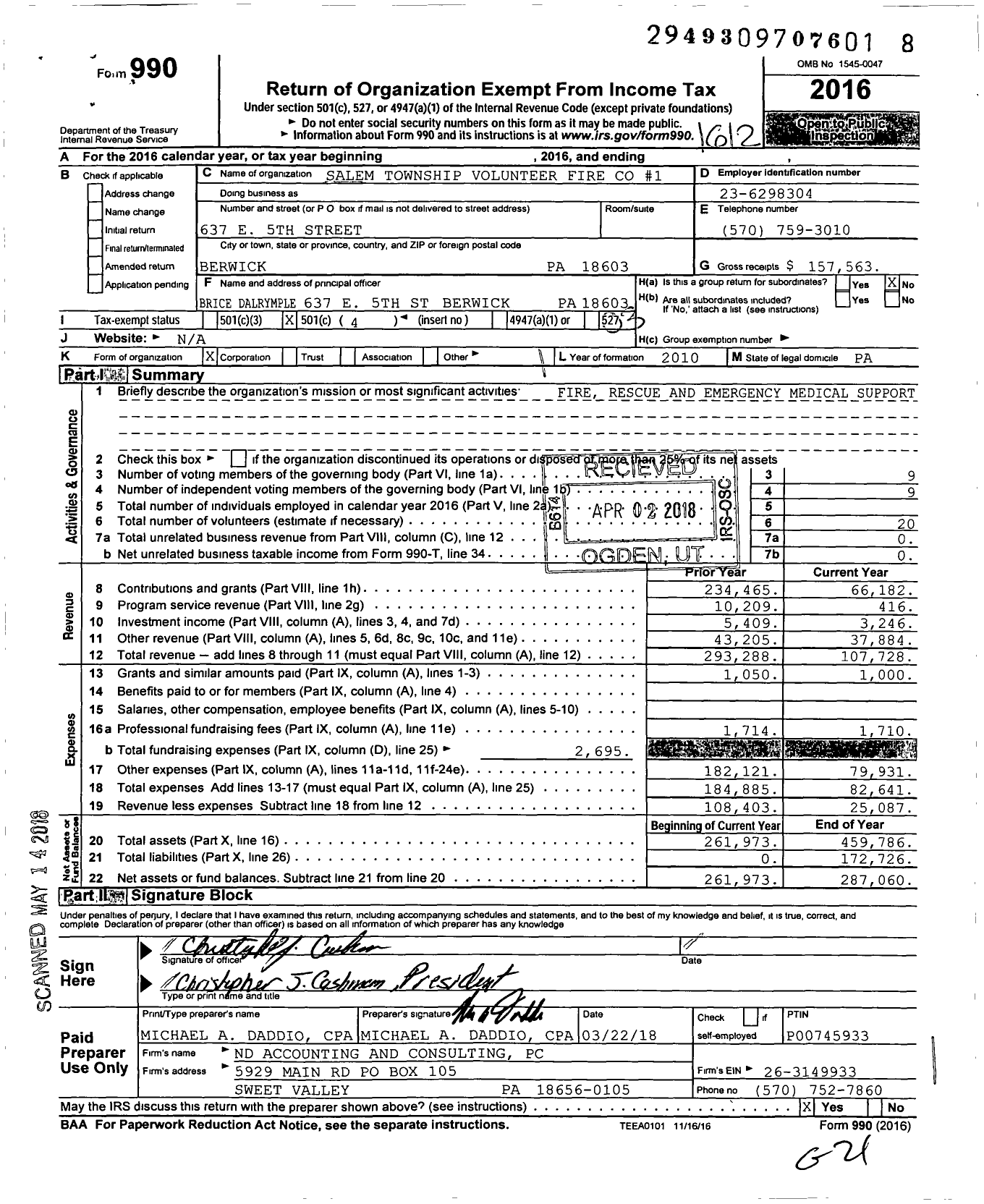 Image of first page of 2016 Form 990 for Salem Township Volunteer Fire #1