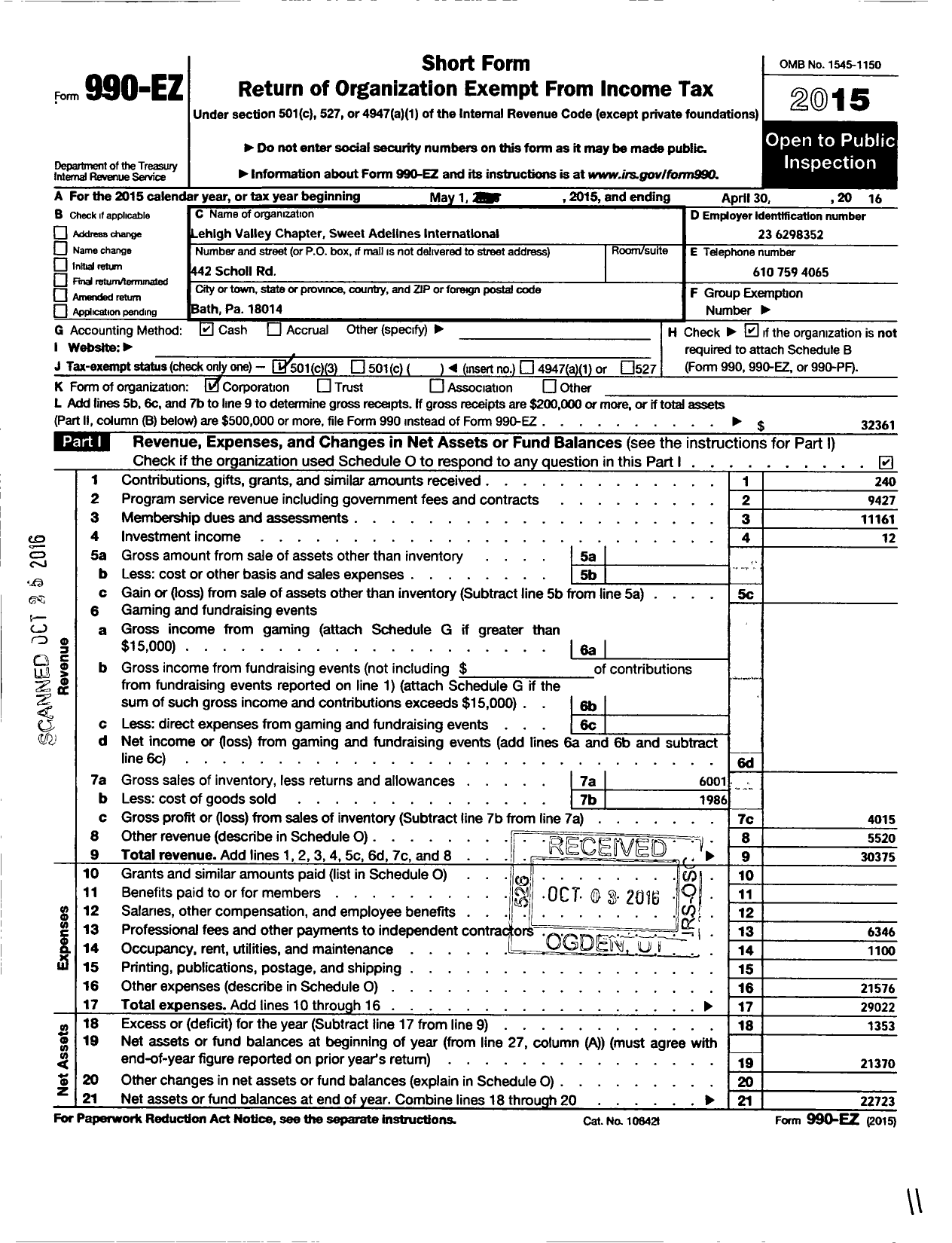 Image of first page of 2015 Form 990EZ for Sweet Adelines International - Lehigh Valley