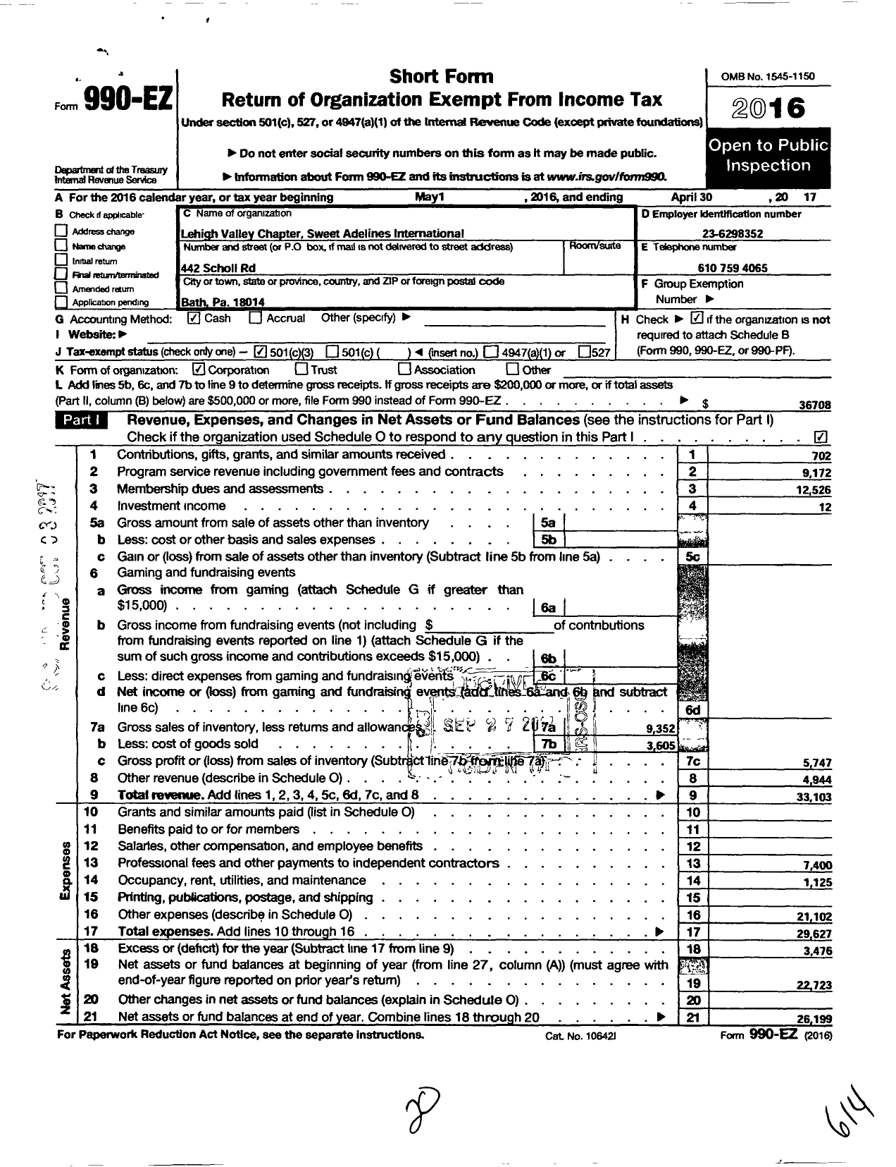 Image of first page of 2016 Form 990EZ for Sweet Adelines International - Lehigh Valley