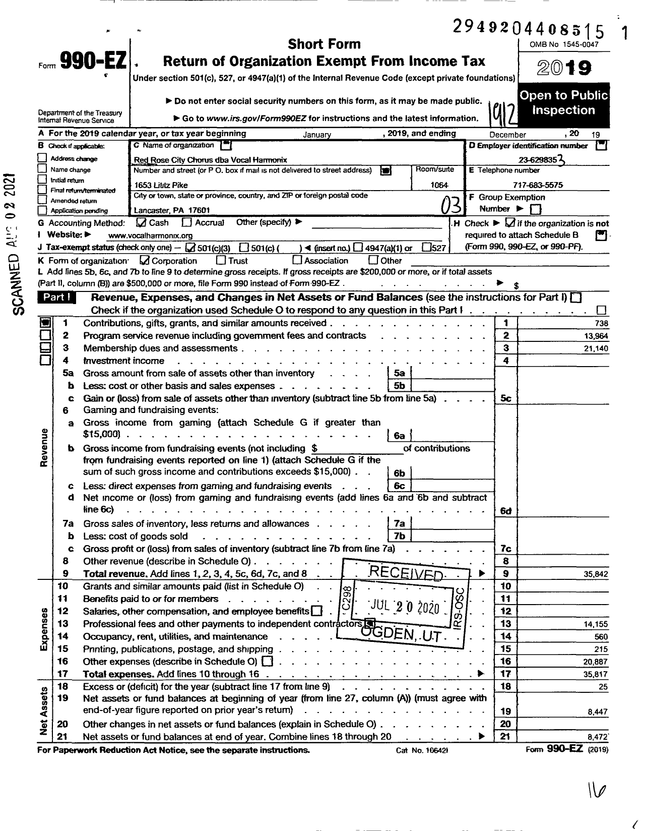 Image of first page of 2019 Form 990EZ for Sweet Adelines International - Vocal Harmonix Chapter