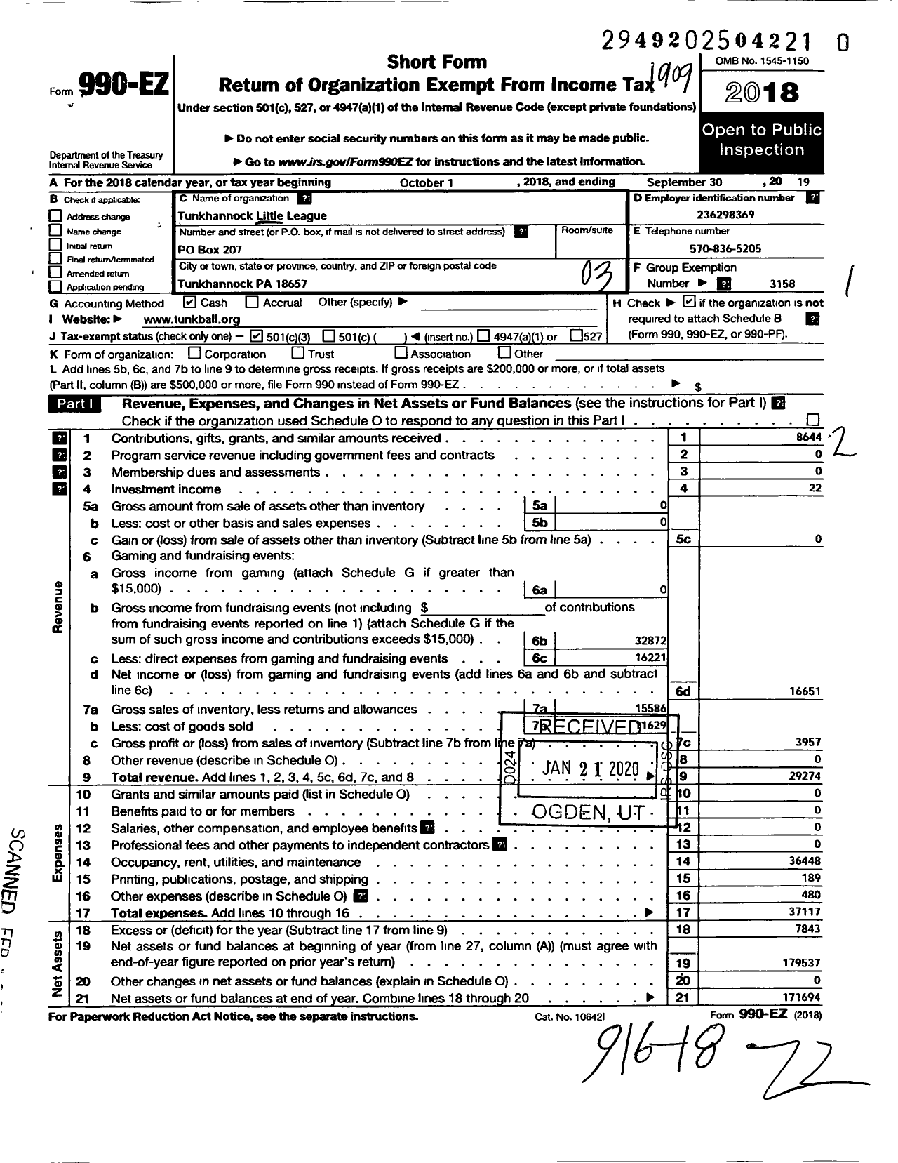 Image of first page of 2018 Form 990EZ for LITTLE LEAGUE BASEBALL - 2381504 Tunkhannock LL