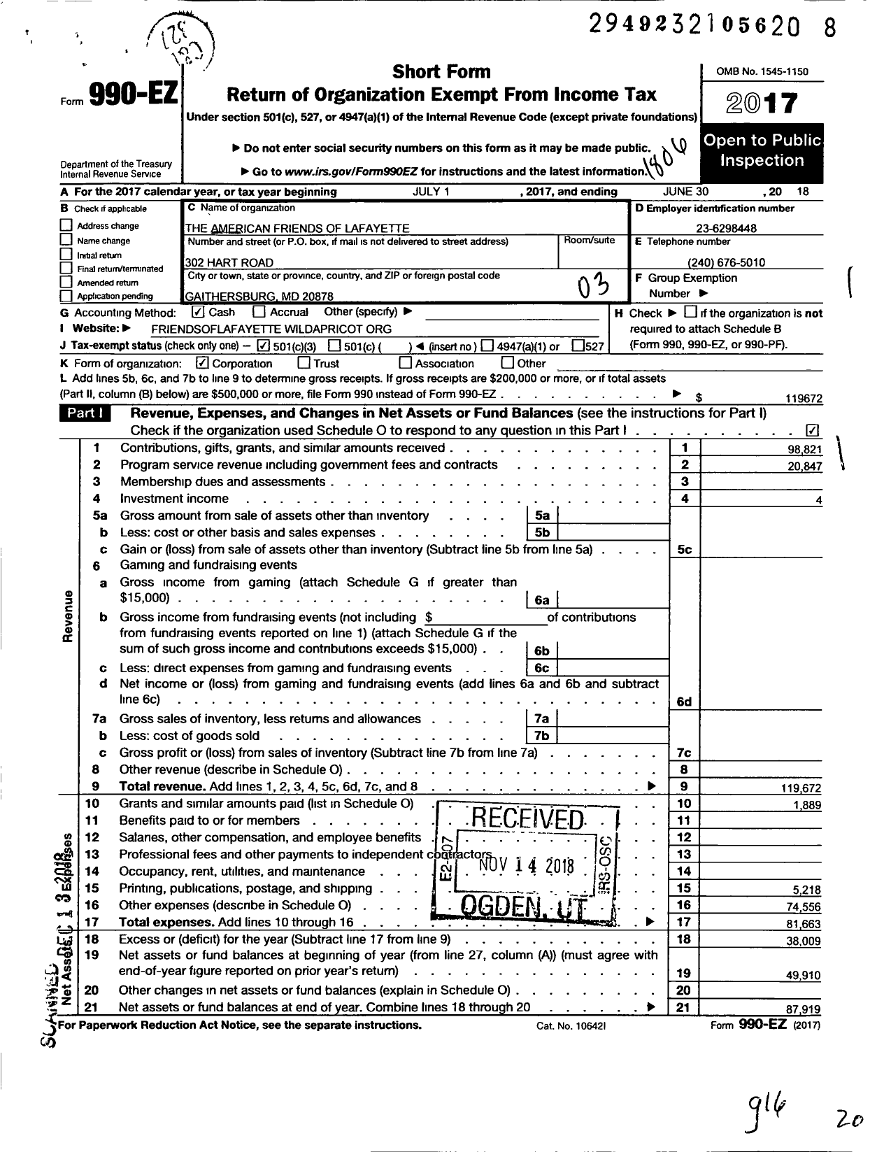 Image of first page of 2017 Form 990EZ for American Friends of Lafayette