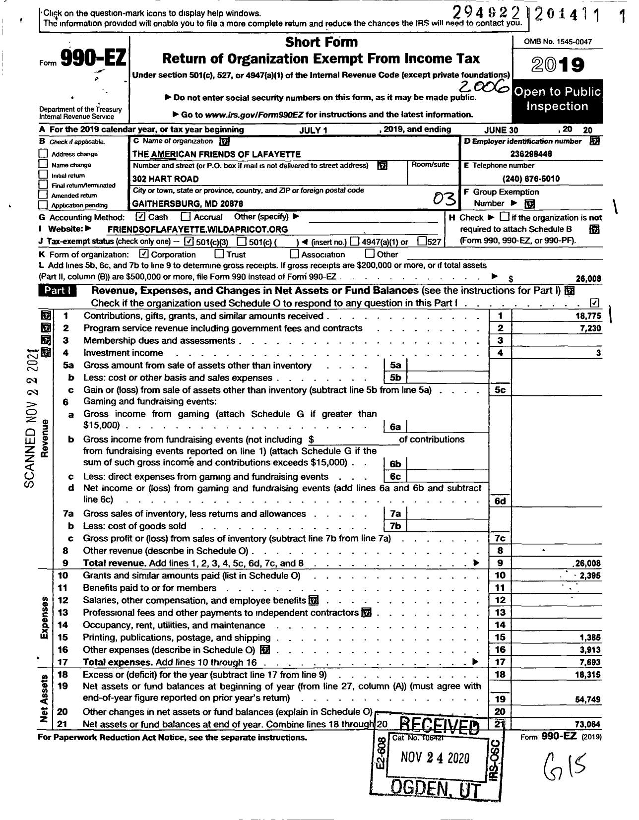 Image of first page of 2019 Form 990EZ for American Friends of Lafayette