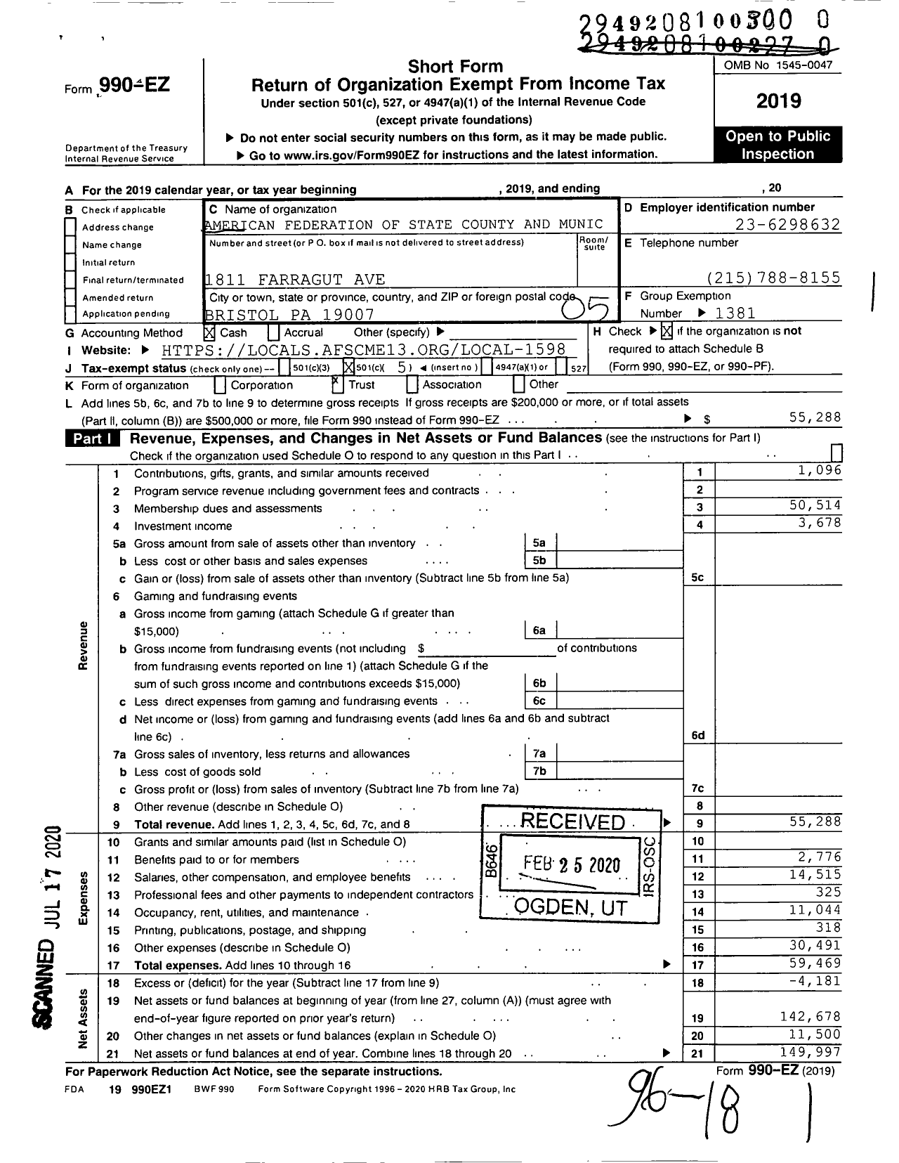 Image of first page of 2019 Form 990EO for American Federation of State County & Municipal Employees - L1598pa Bucks Co Pa Pub Govt Empls