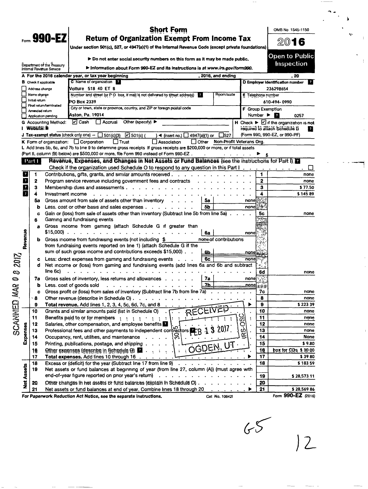 Image of first page of 2016 Form 990EO for The Forty and Eight - 518 Voiture Locale