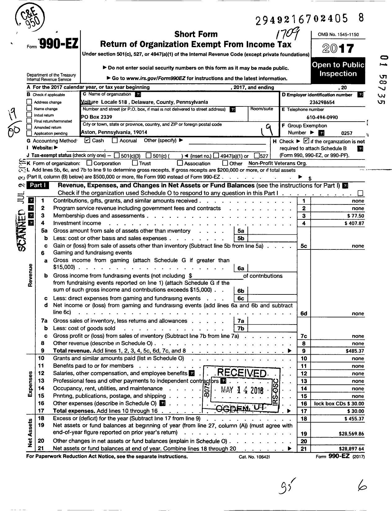 Image of first page of 2016 Form 990EO for The Forty and Eight - 518 Voiture Locale