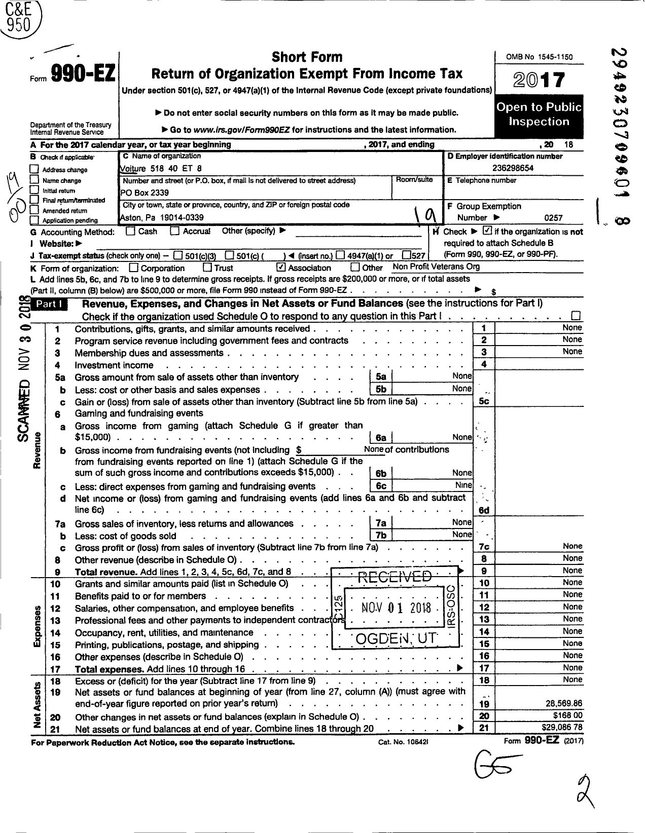 Image of first page of 2018 Form 990EO for The Forty and Eight - 518 Voiture Locale