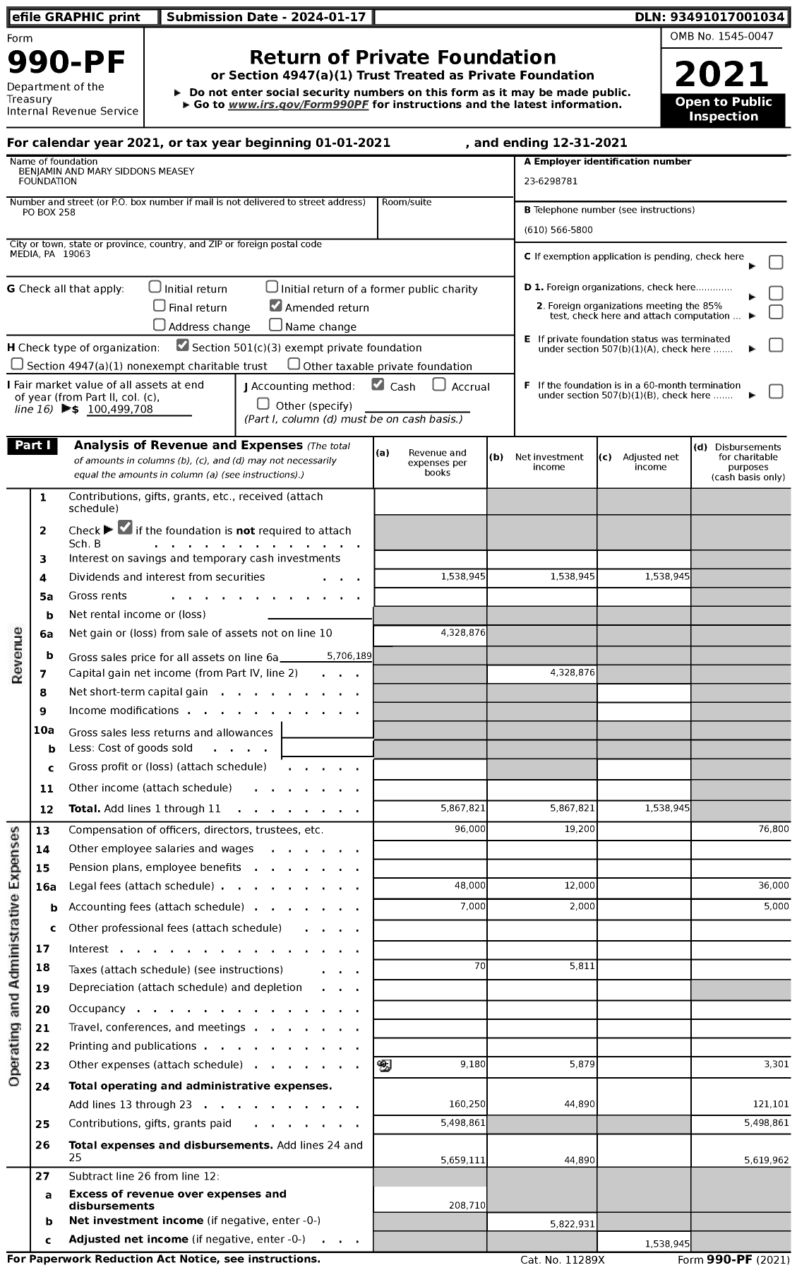 Image of first page of 2021 Form 990PF for Benjamin and Mary Siddons Measey Foundation