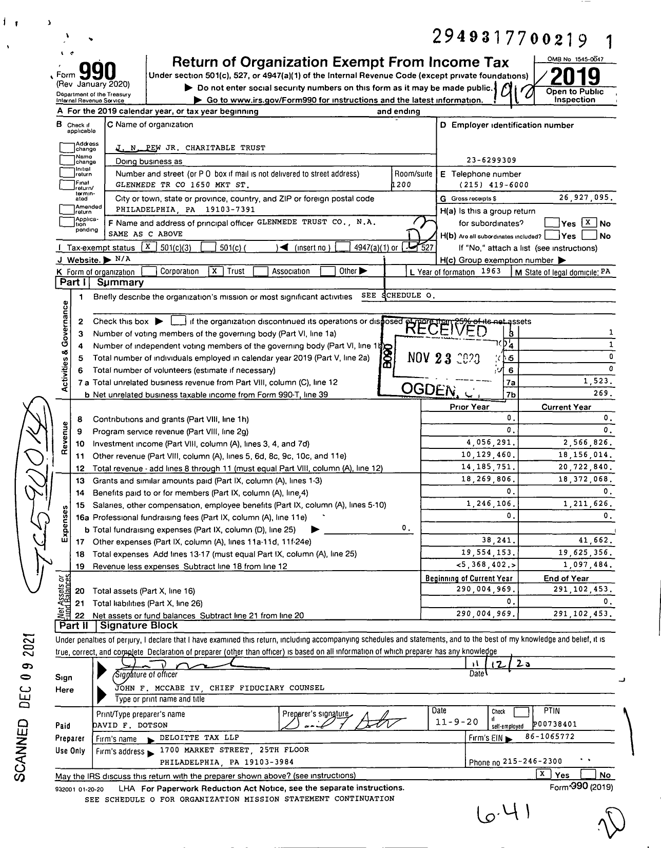 Image of first page of 2019 Form 990 for J N Pew JR Charitable Trust