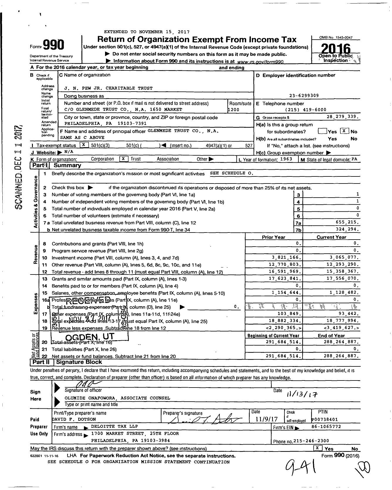 Image of first page of 2016 Form 990 for J N Pew JR Charitable Trust