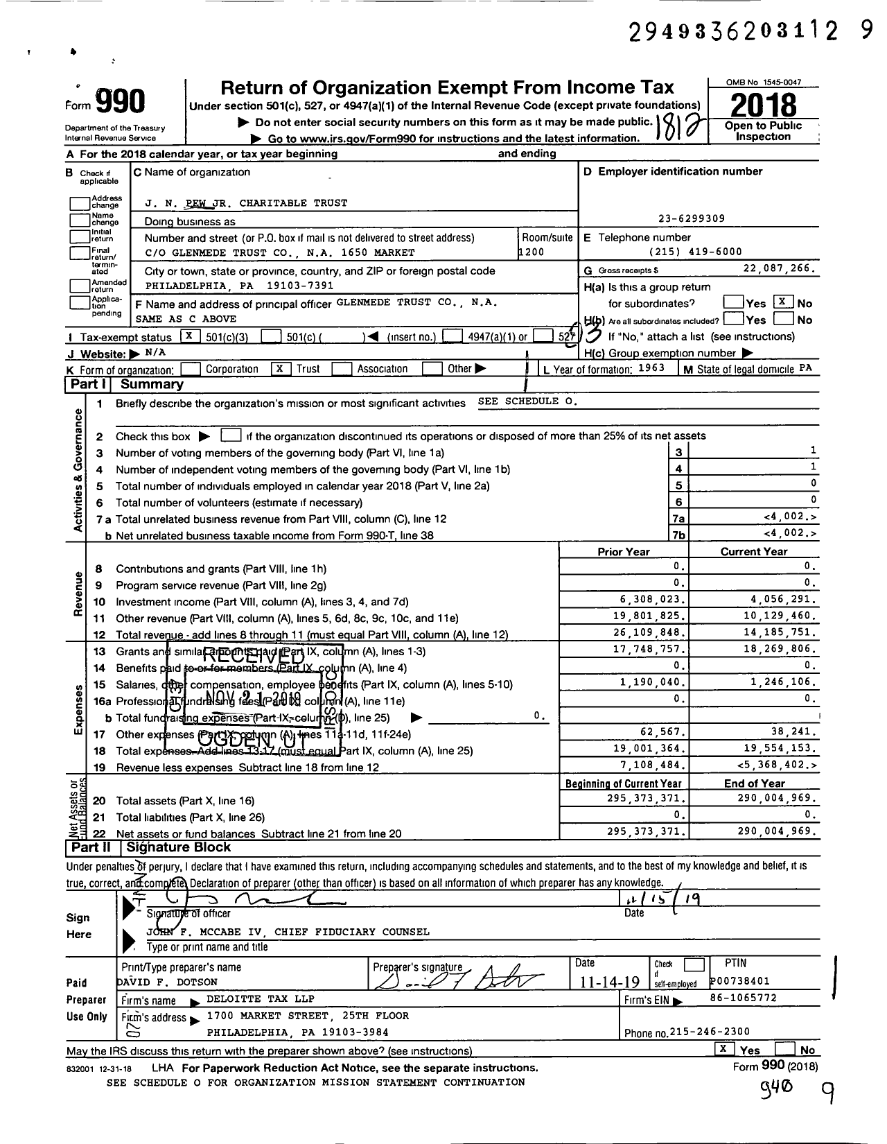 Image of first page of 2018 Form 990 for J N Pew JR Charitable Trust