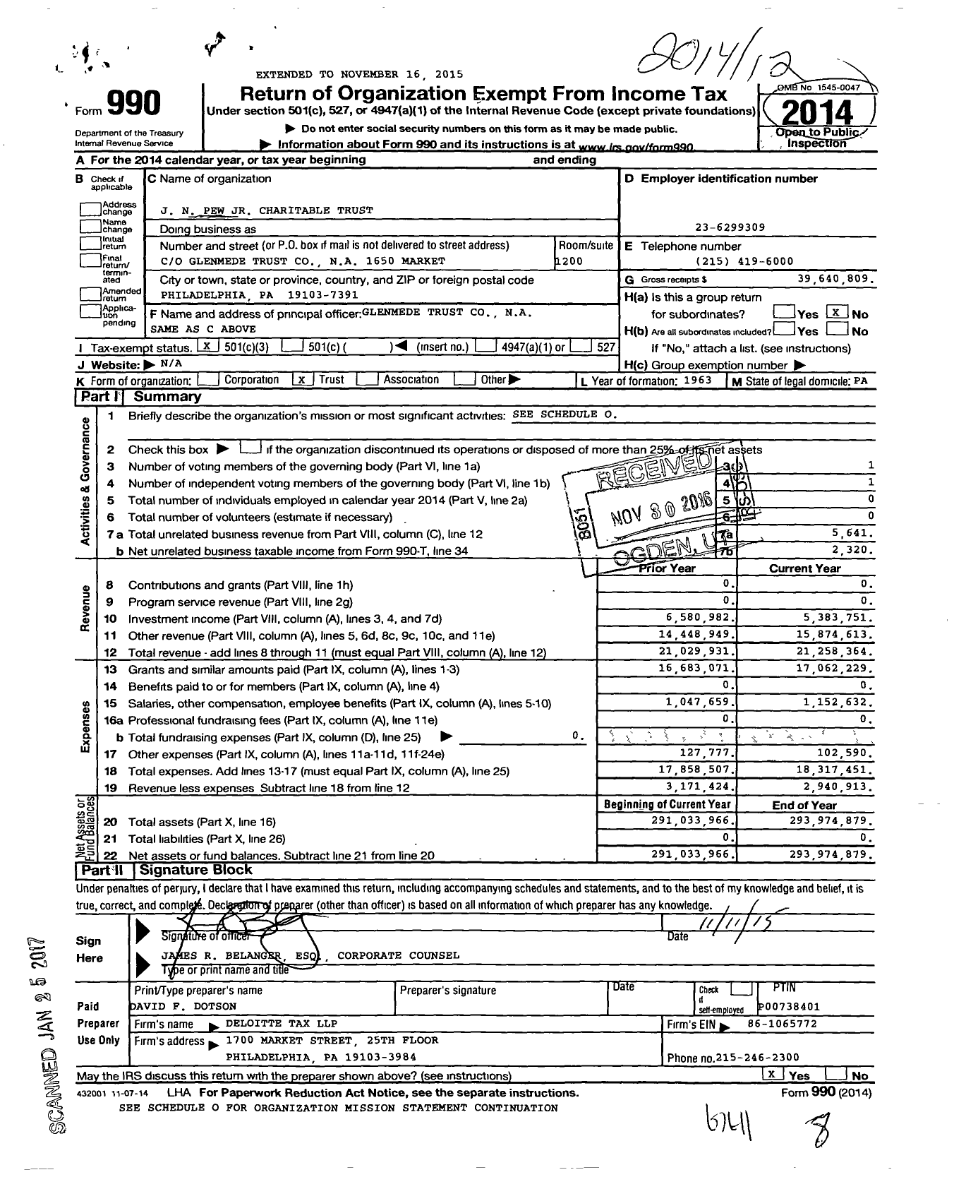 Image of first page of 2014 Form 990 for J N Pew JR Charitable Trust