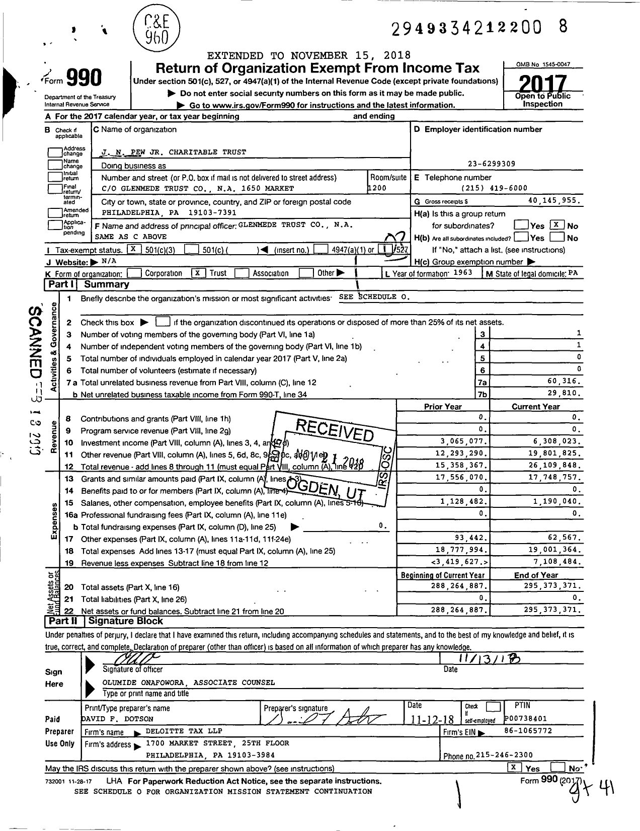 Image of first page of 2017 Form 990 for J N Pew JR Charitable Trust