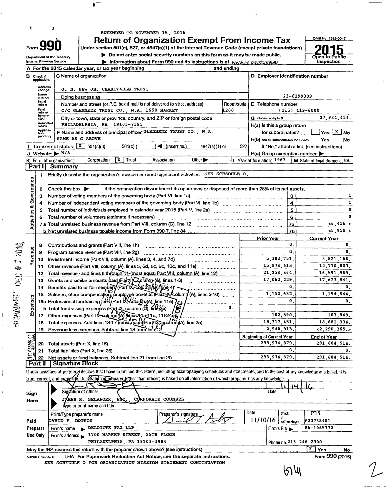 Image of first page of 2015 Form 990 for J N Pew JR Charitable Trust