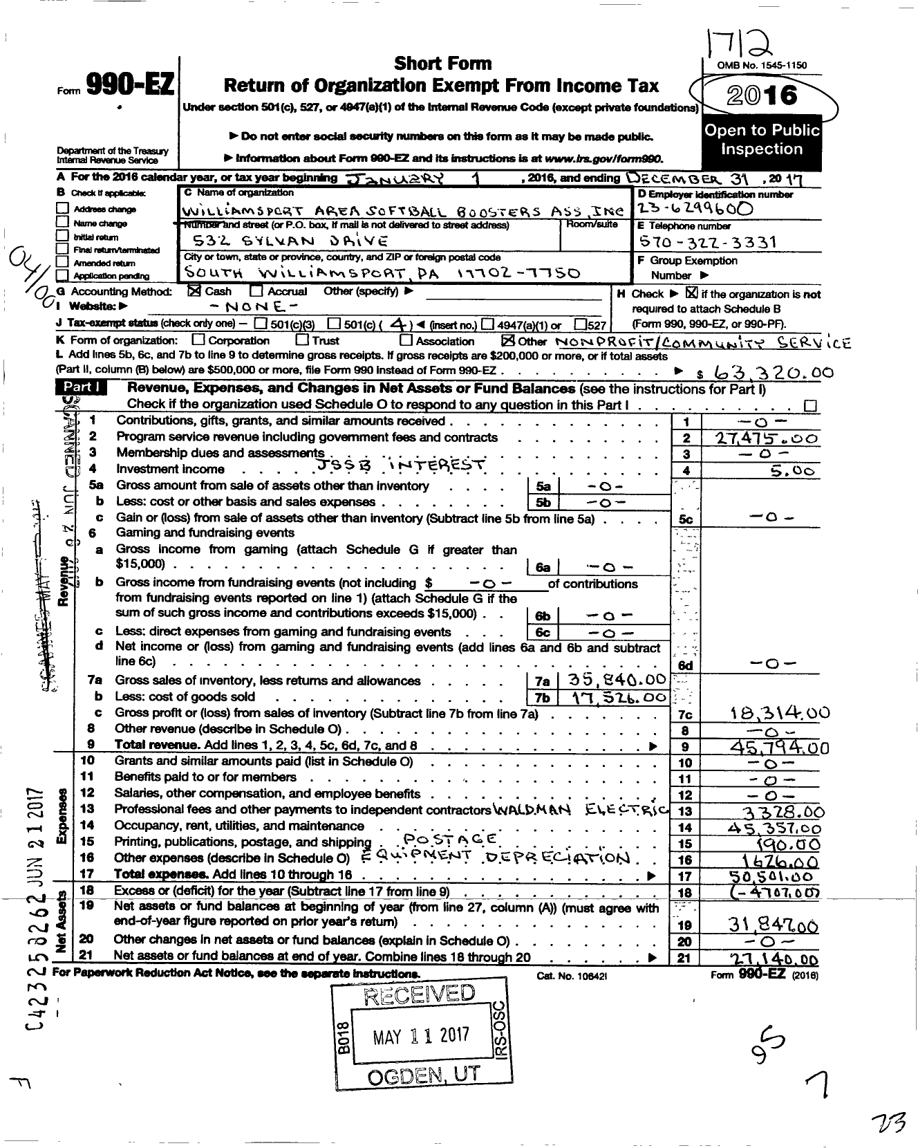 Image of first page of 2017 Form 990EO for Williamsport Area Softball Boosters