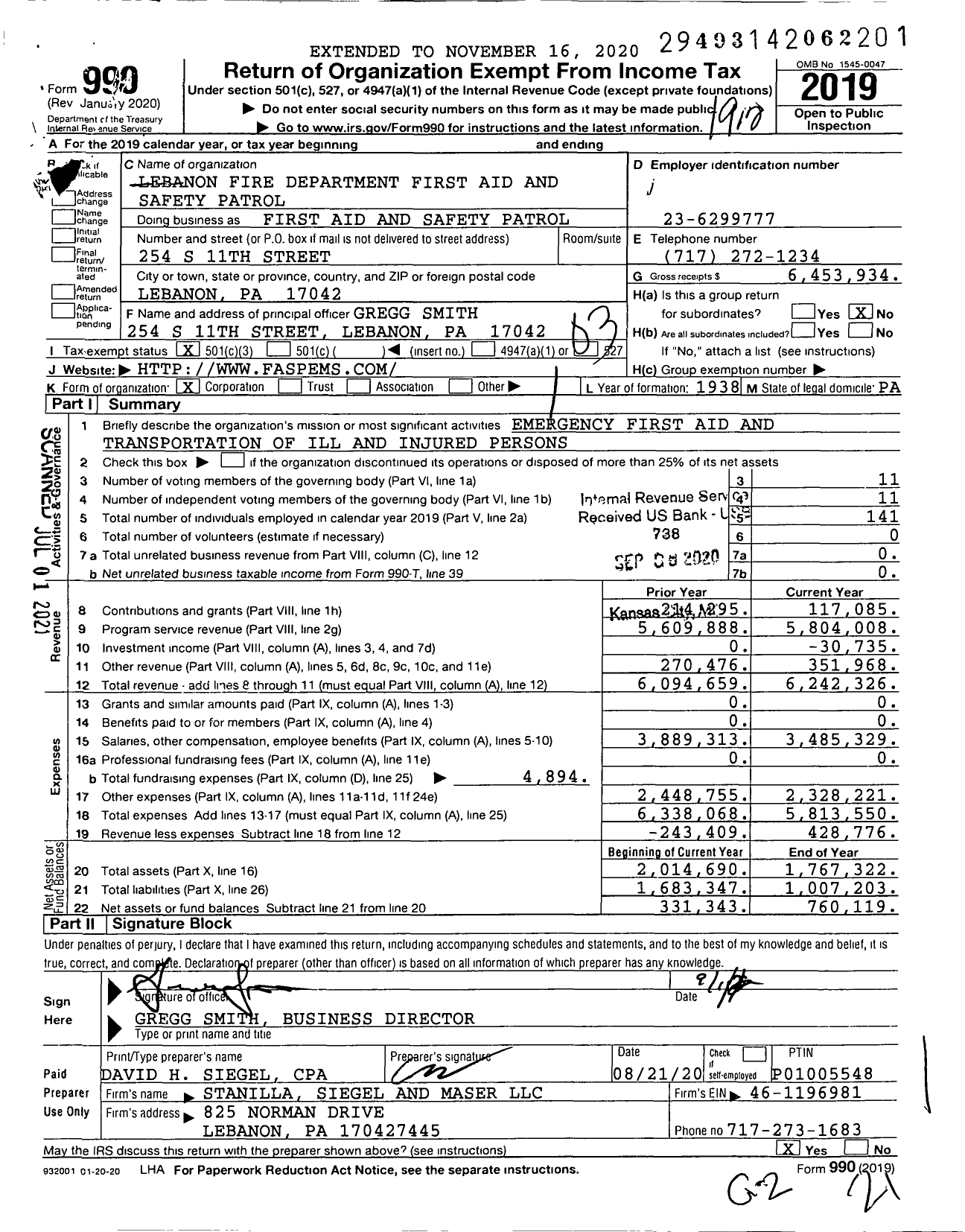 Image of first page of 2019 Form 990 for Lebanon Fire Department First Aid and Safety Patrol