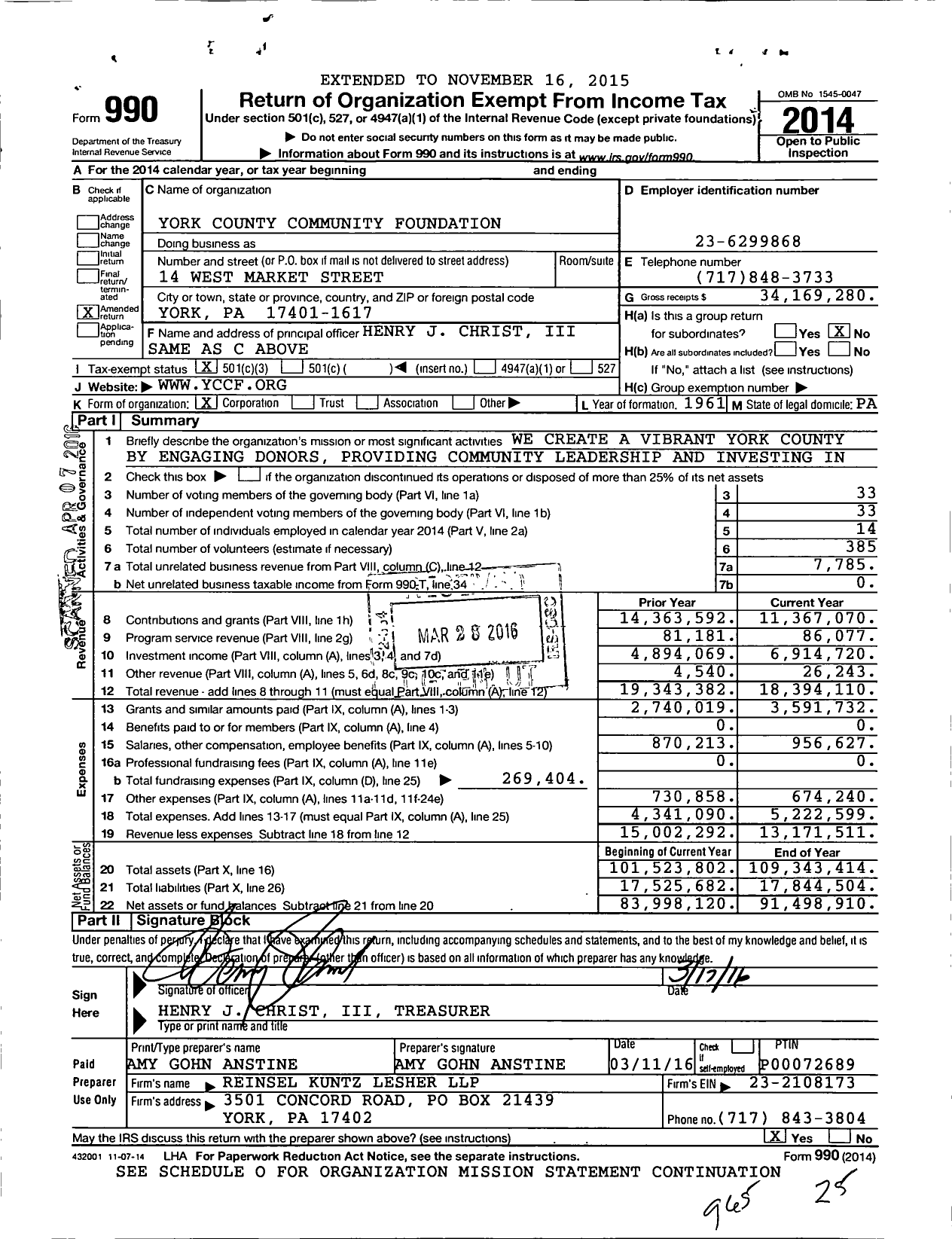 Image of first page of 2014 Form 990 for York County Community Foundation