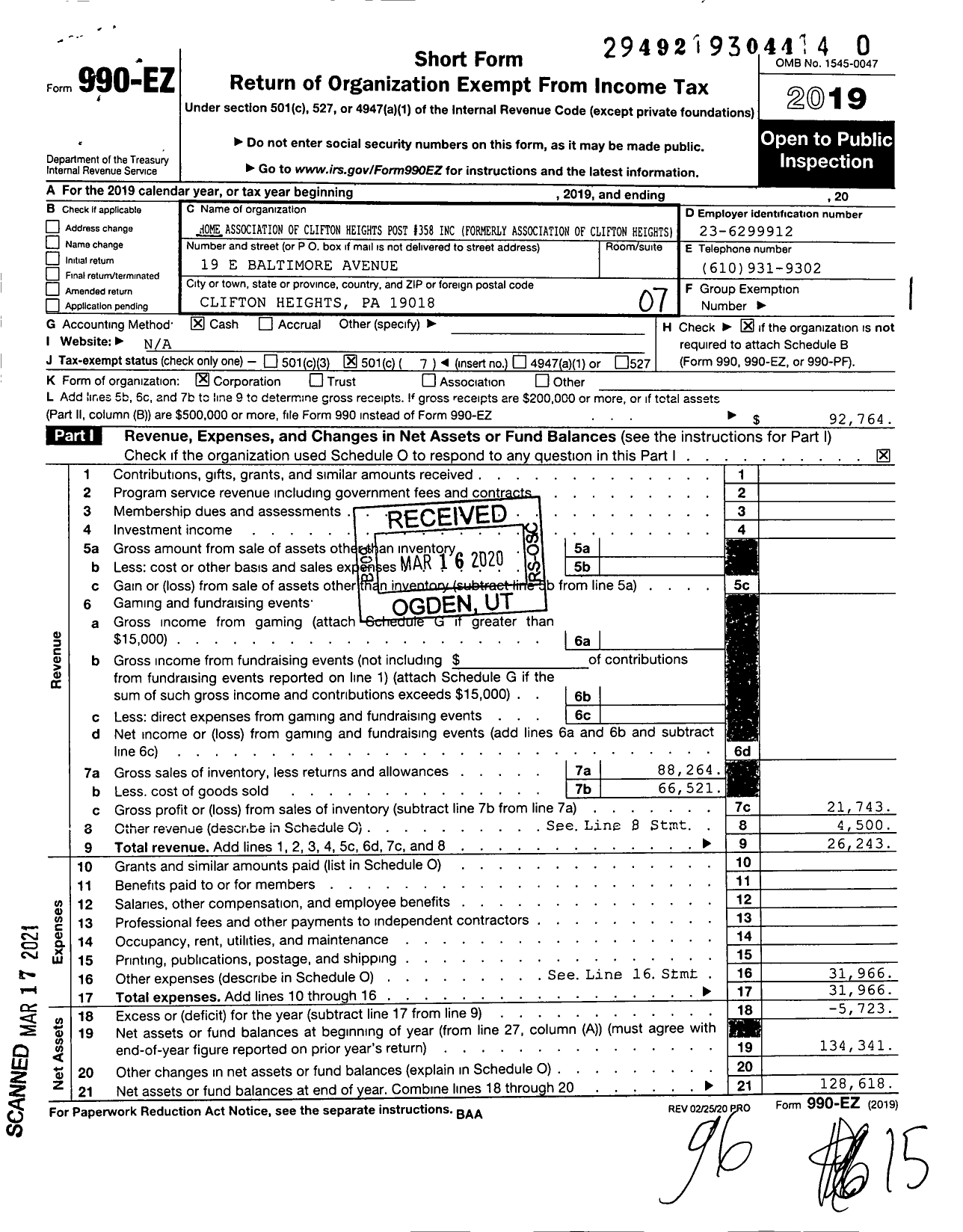 Image of first page of 2019 Form 990EO for American Legion - 0358 Robert Holt Post Pa