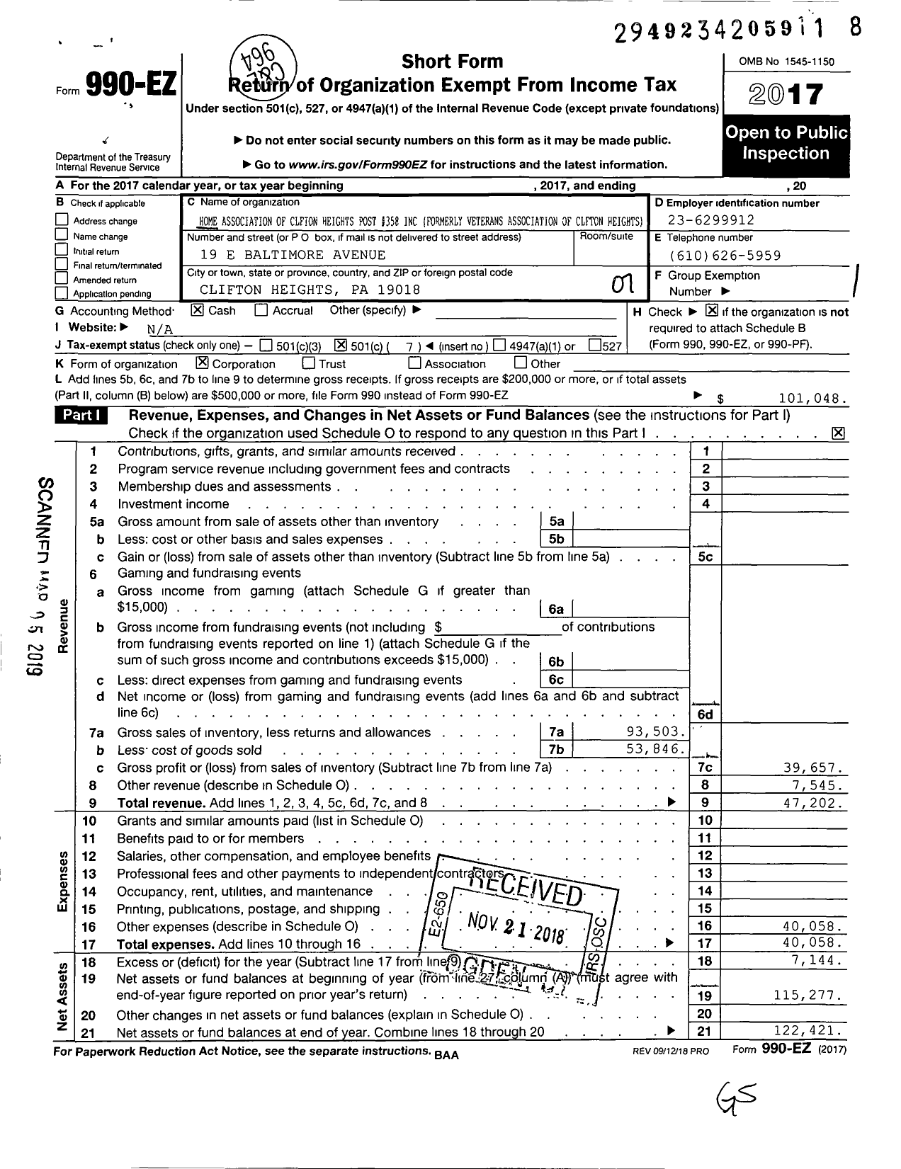 Image of first page of 2017 Form 990EO for American Legion - 0358 Robert Holt Post Pa