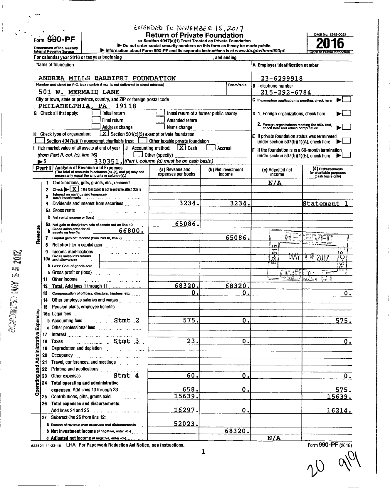 Image of first page of 2016 Form 990PF for Andrea Mills Barbieri Foundation