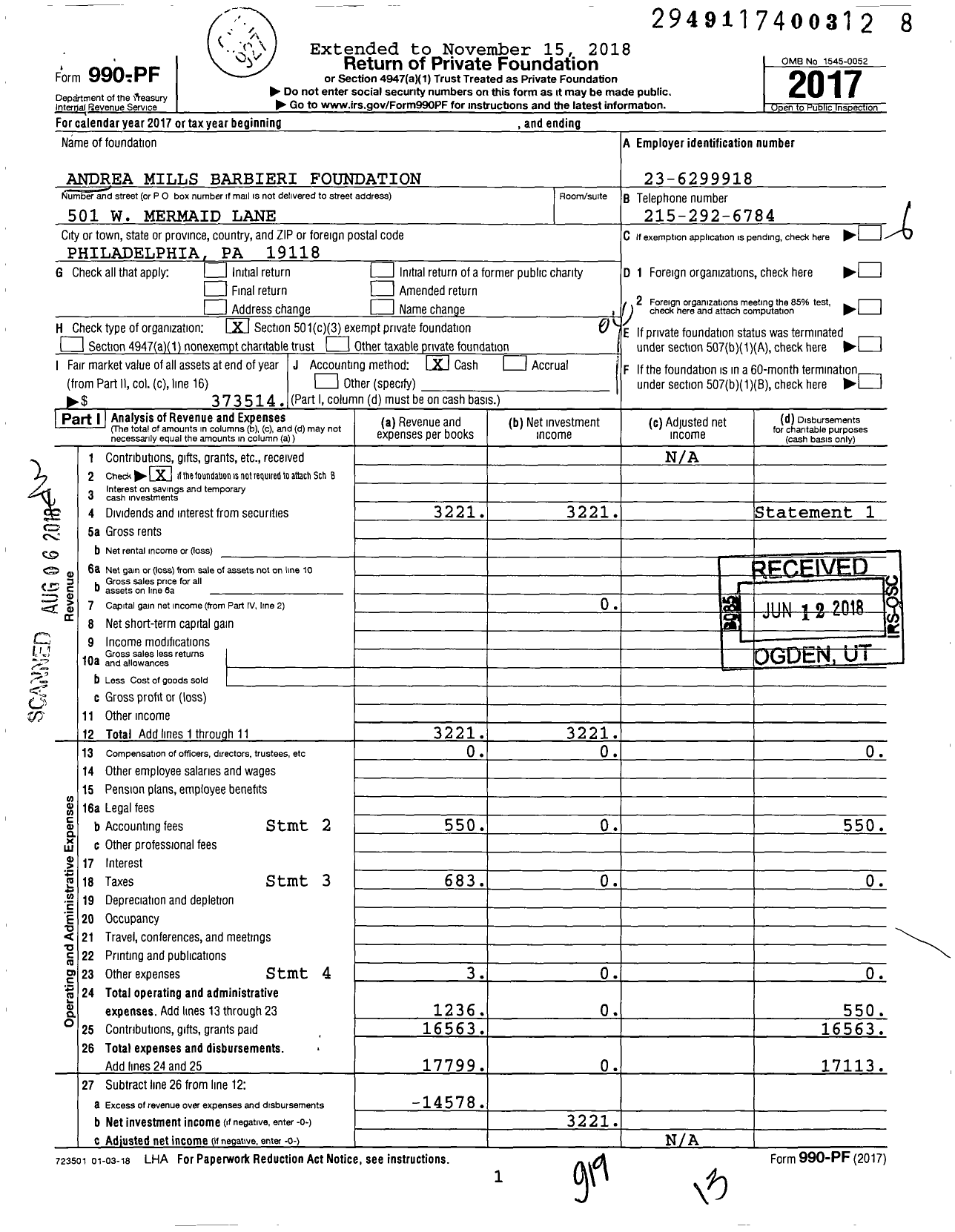 Image of first page of 2017 Form 990PF for Andrea Mills Barbieri Foundation