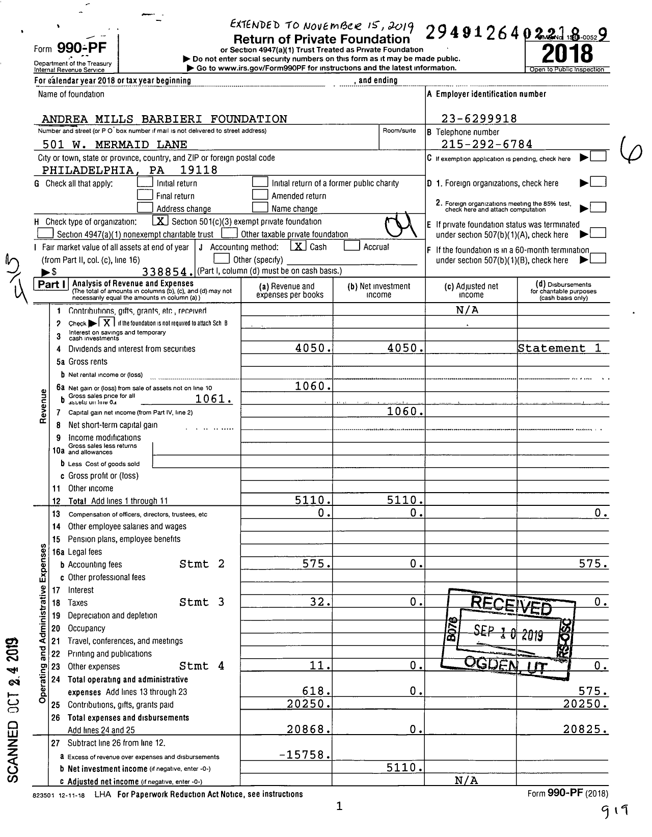 Image of first page of 2018 Form 990PF for Andrea Mills Barbieri Foundation