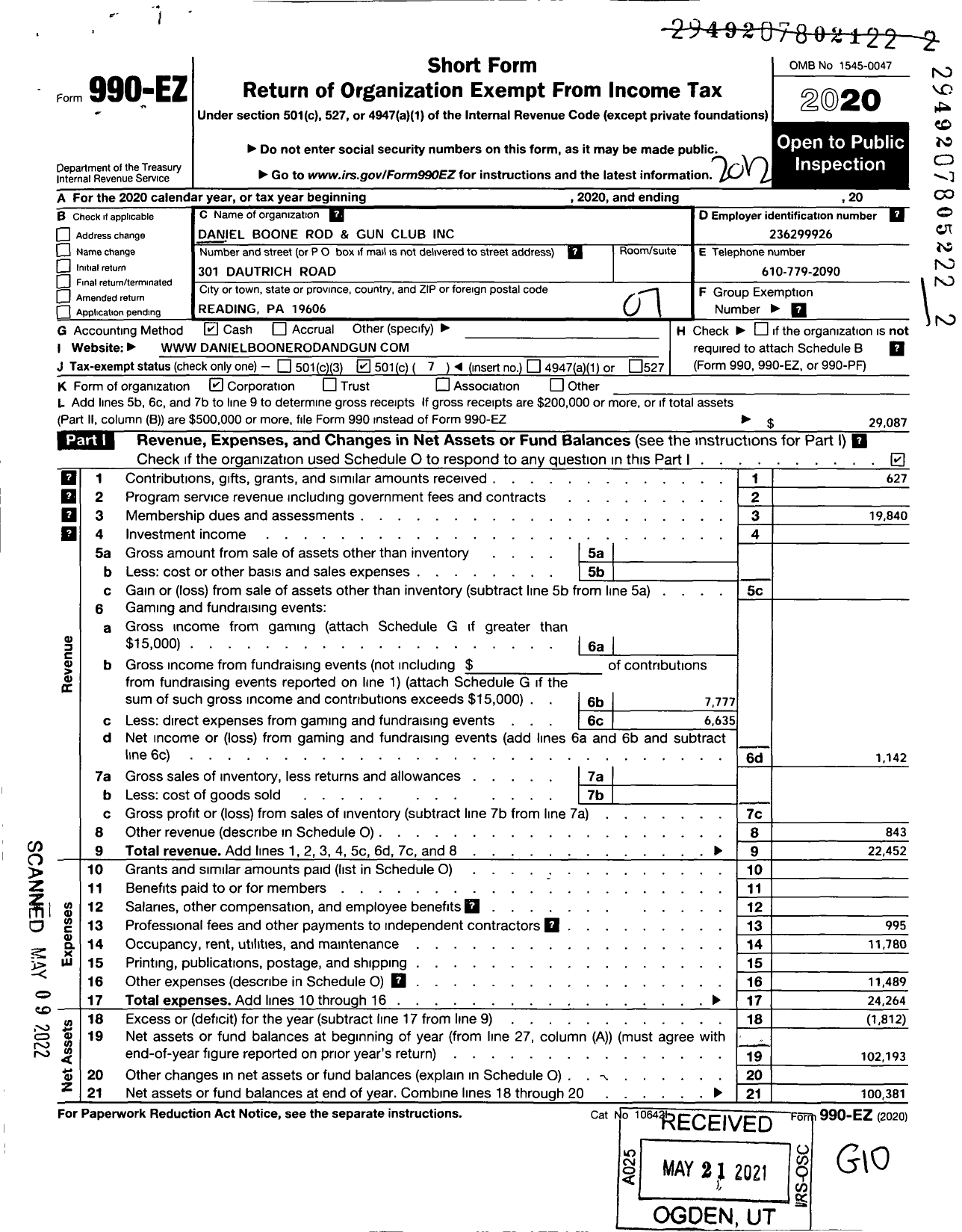 Image of first page of 2020 Form 990EO for Daniel Boone Rod and Gun Club