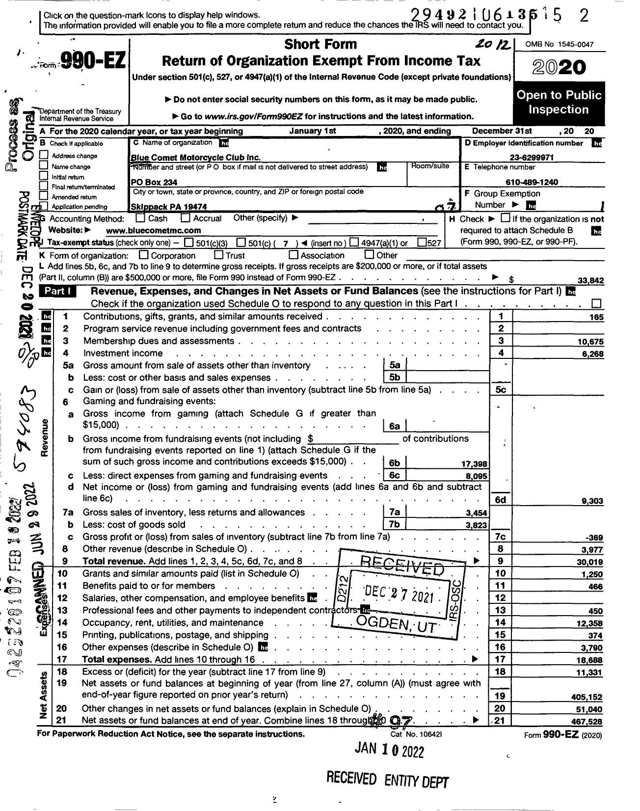 Image of first page of 2020 Form 990EO for Blue Comet Motorcycle Club