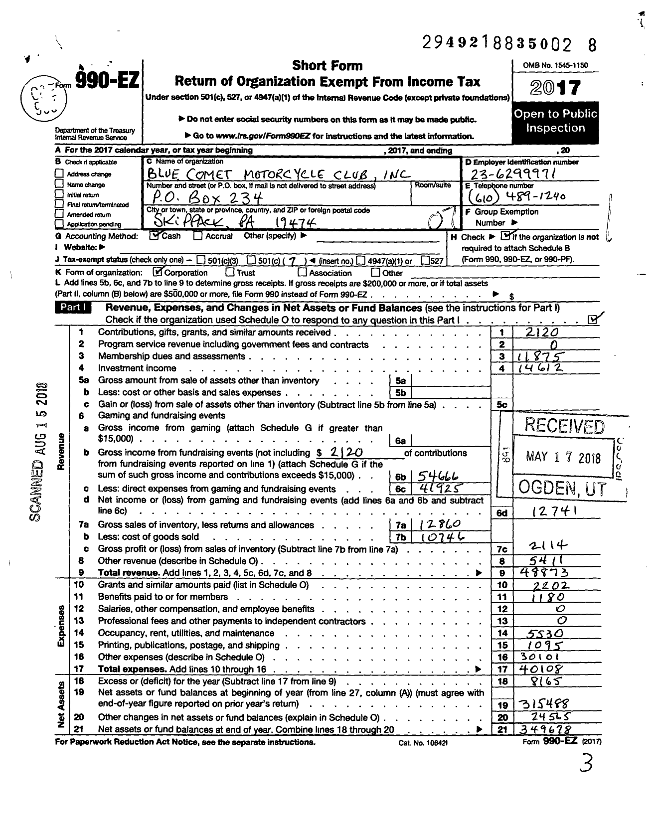 Image of first page of 2017 Form 990EO for Blue Comet Motorcycle Club