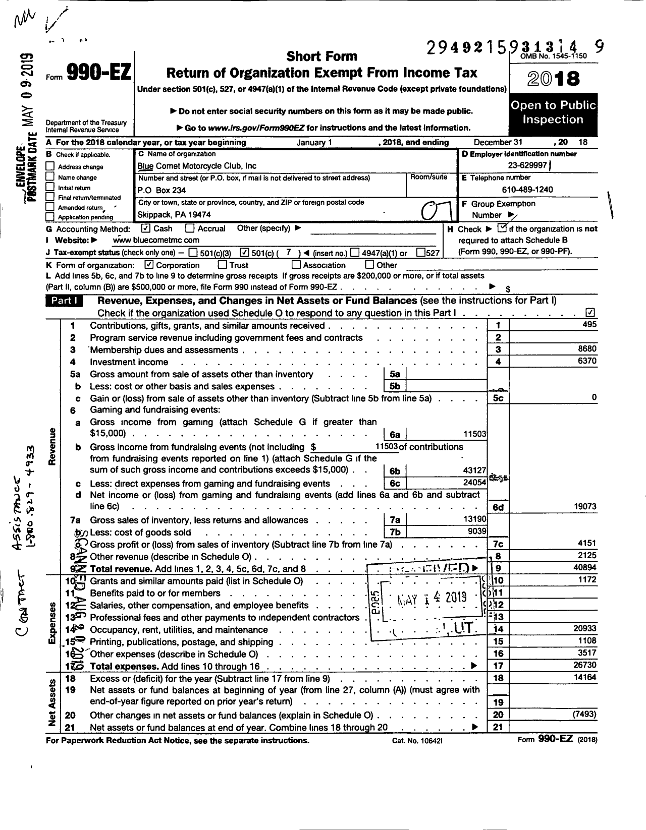 Image of first page of 2018 Form 990EO for Blue Comet Motorcycle Club