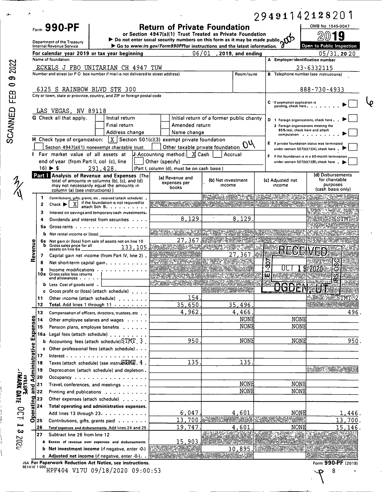 Image of first page of 2019 Form 990PF for Eckels J Fbo Unitarian CH 4947 4947-tuw