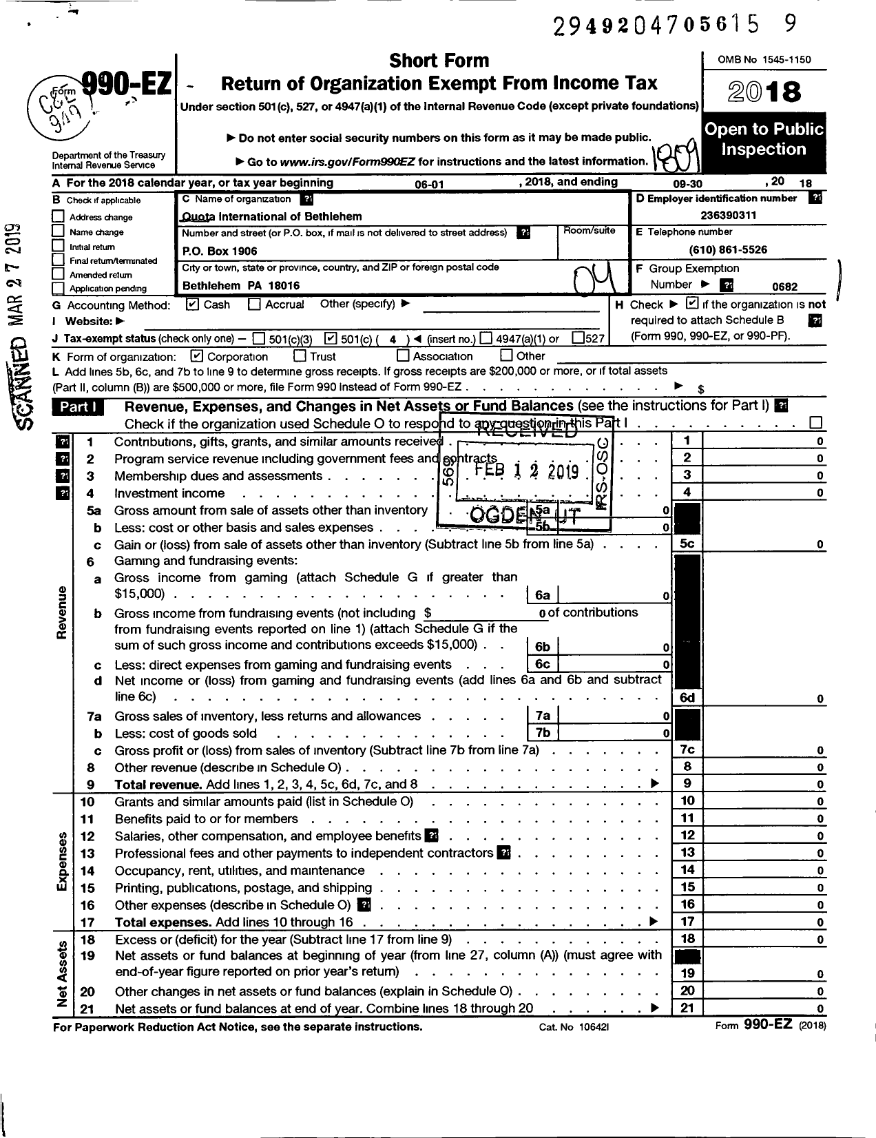 Image of first page of 2017 Form 990EO for Quota Club International / Bethlehem