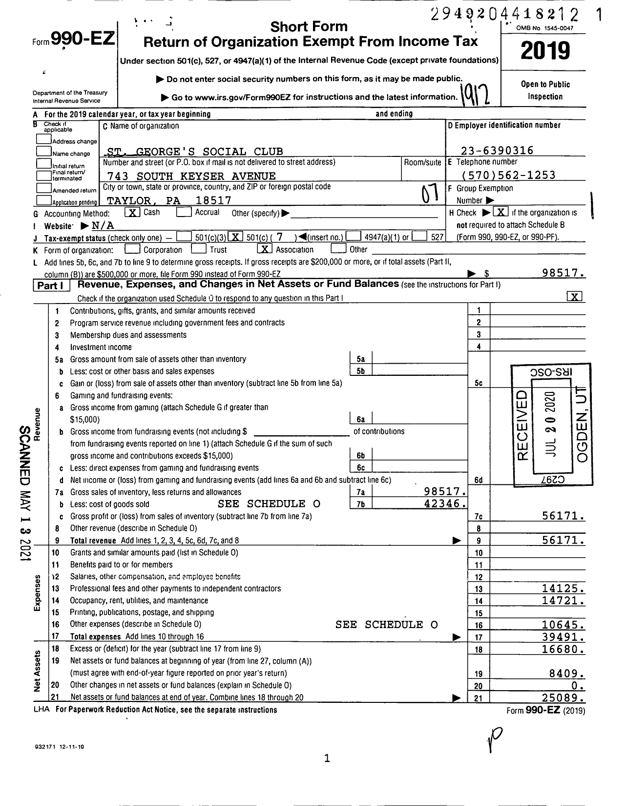 Image of first page of 2019 Form 990EO for St George's Social Club