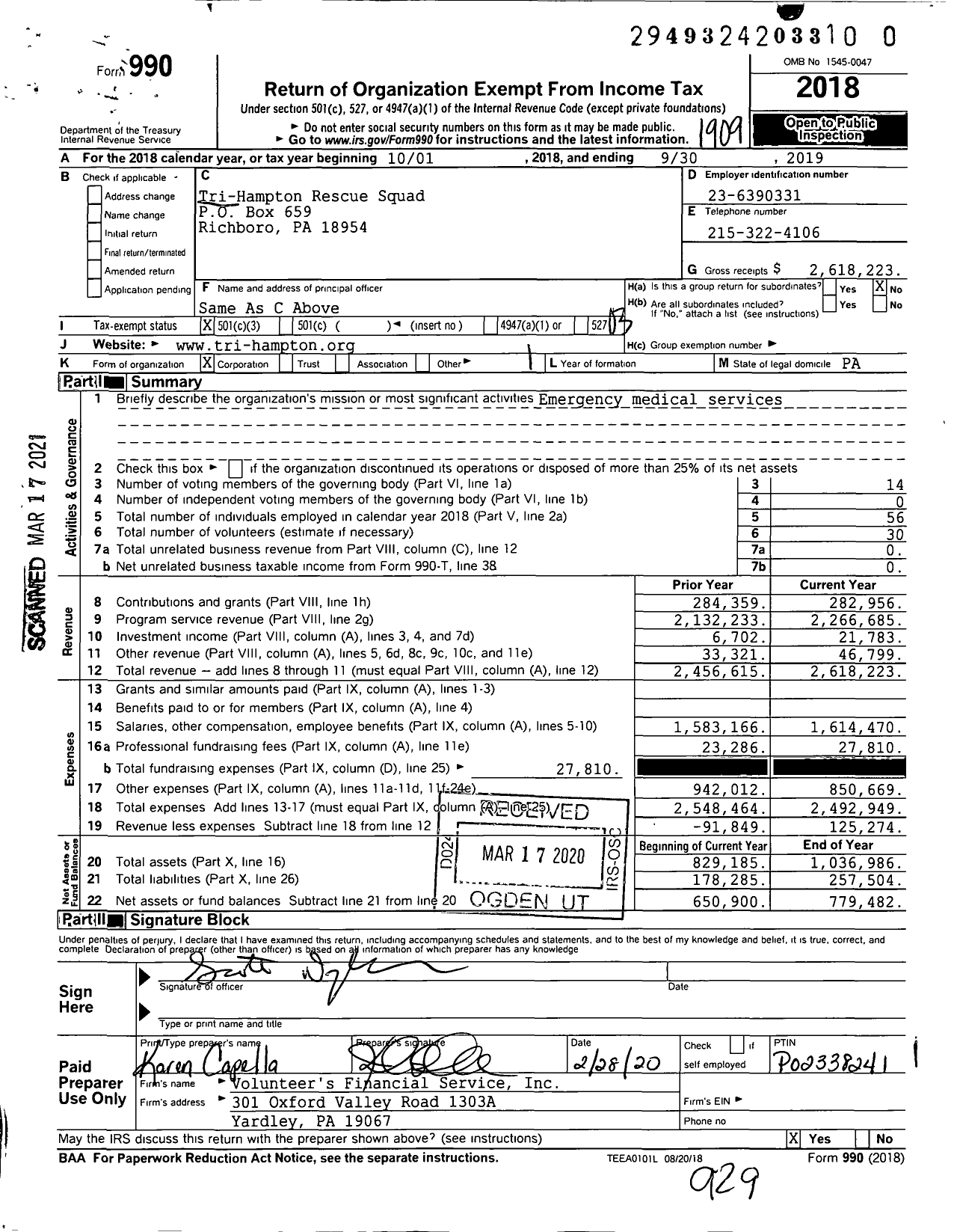 Image of first page of 2018 Form 990 for Tri-Hampton Rescue Squad
