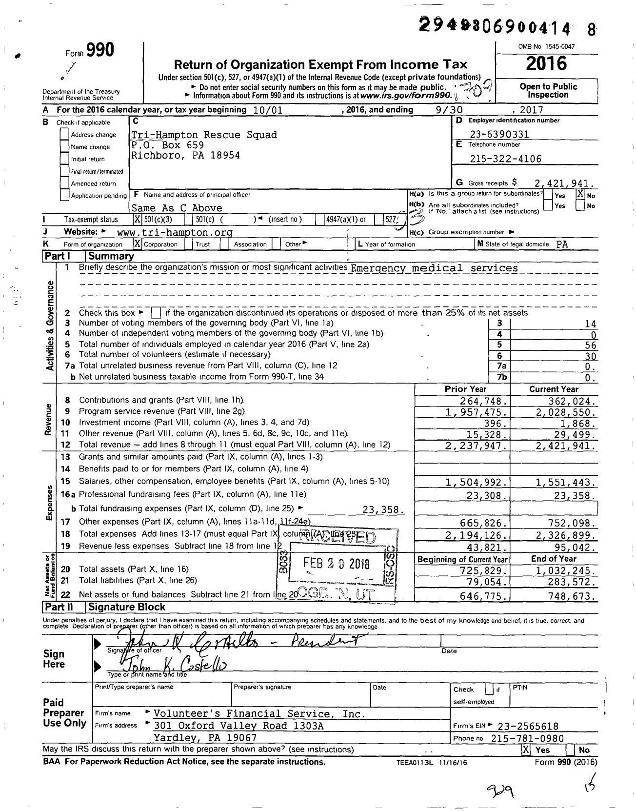 Image of first page of 2016 Form 990 for Tri-Hampton Rescue Squad