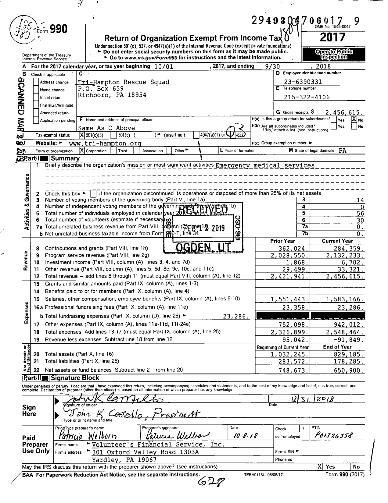Image of first page of 2017 Form 990 for Tri-Hampton Rescue Squad